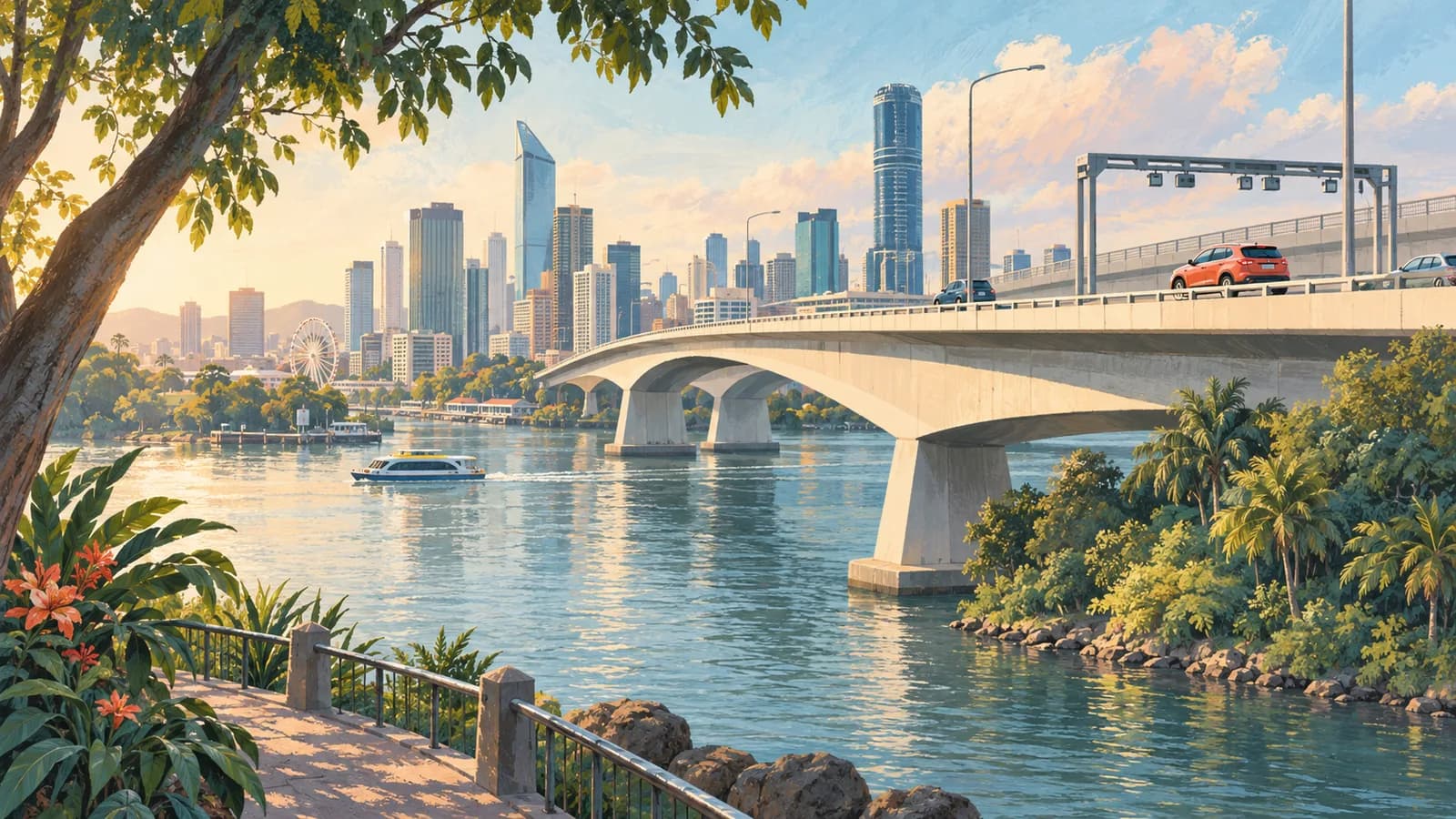 Conceptual Brisbane toll-road illustration showing a coral car and electronic gantry beside a river, bridge and tropical city skyline