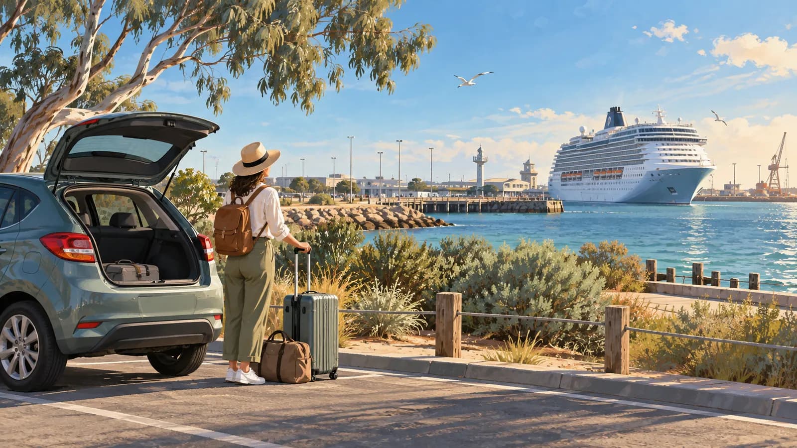 Adelaide cruise terminal car hire illustration showing a traveller with luggage beside a parked car and docked cruise ship.