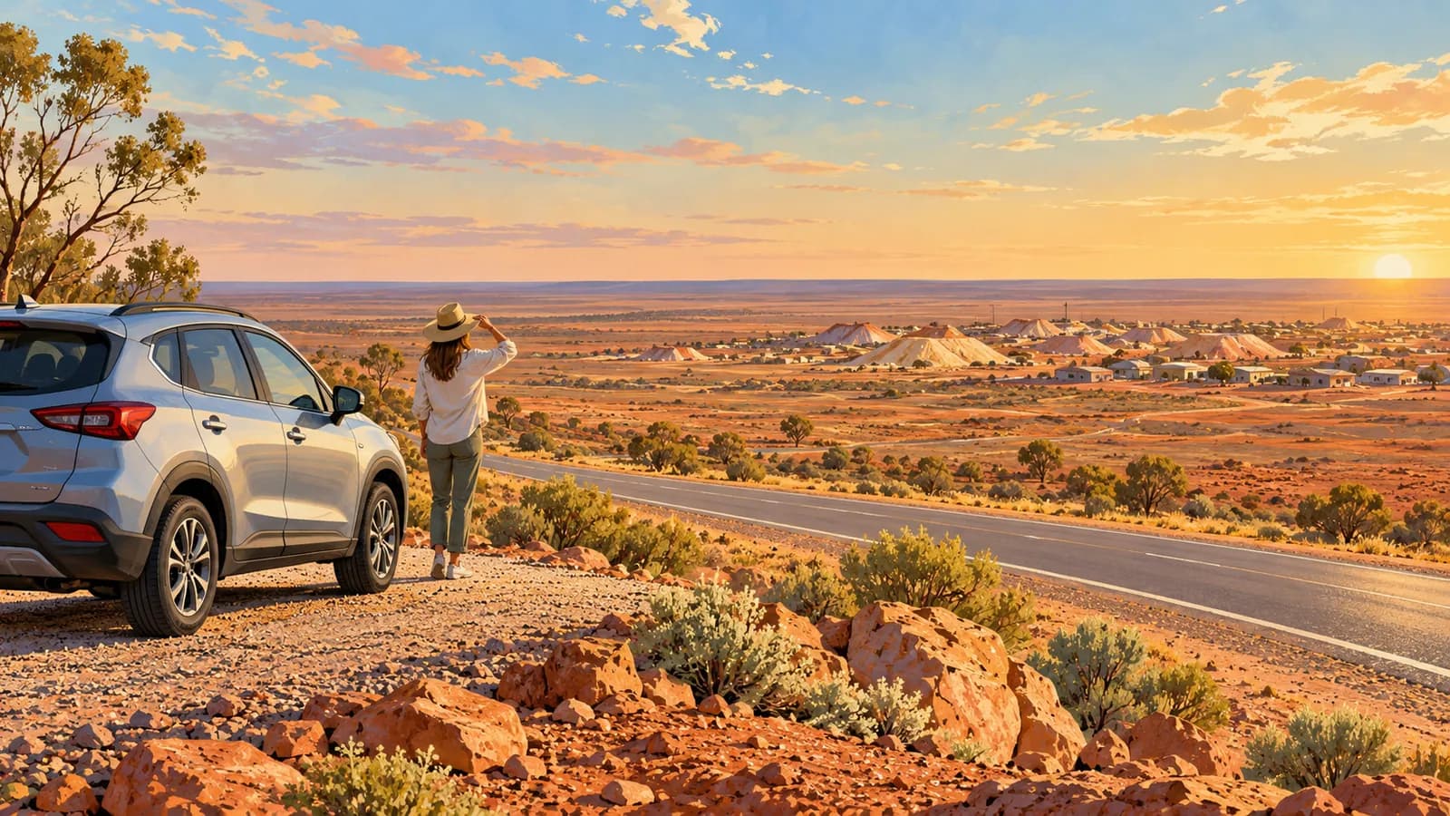 Adelaide to Coober Pedy drive illustration showing a parked car beside a highway, red earth and distant opal-mining mounds.