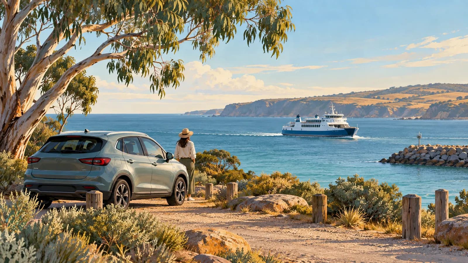 Adelaide to Kangaroo Island by car illustration showing a parked car beside the coast and a ferry offshore.