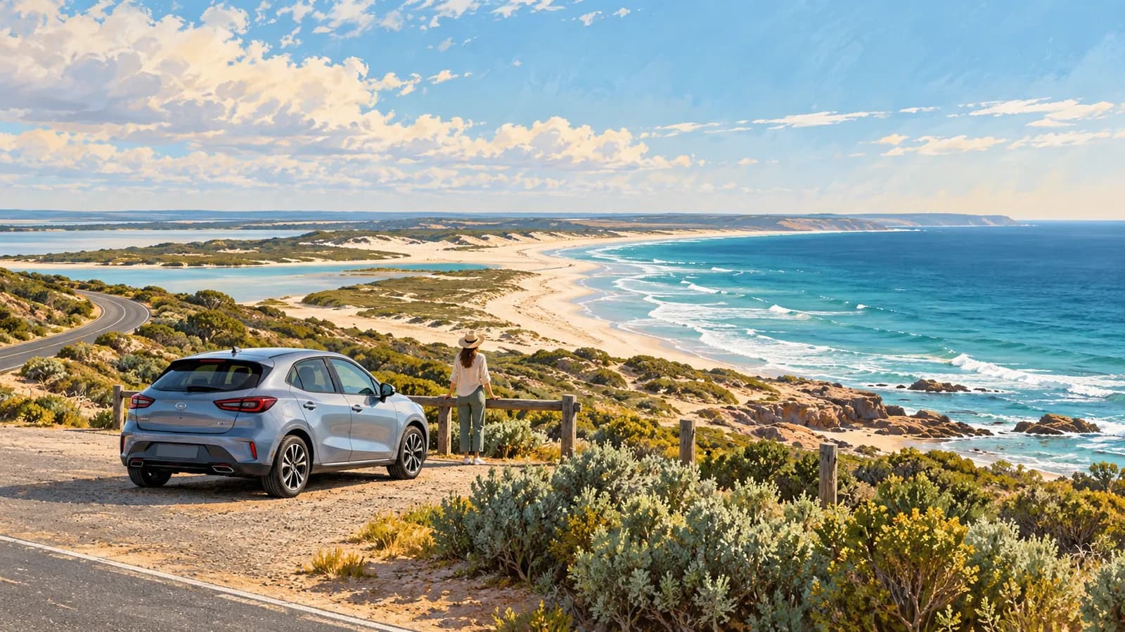 Adelaide to Mount Gambier drive illustration showing a parked car at a coastal lookout above a sandy shoreline and blue water.