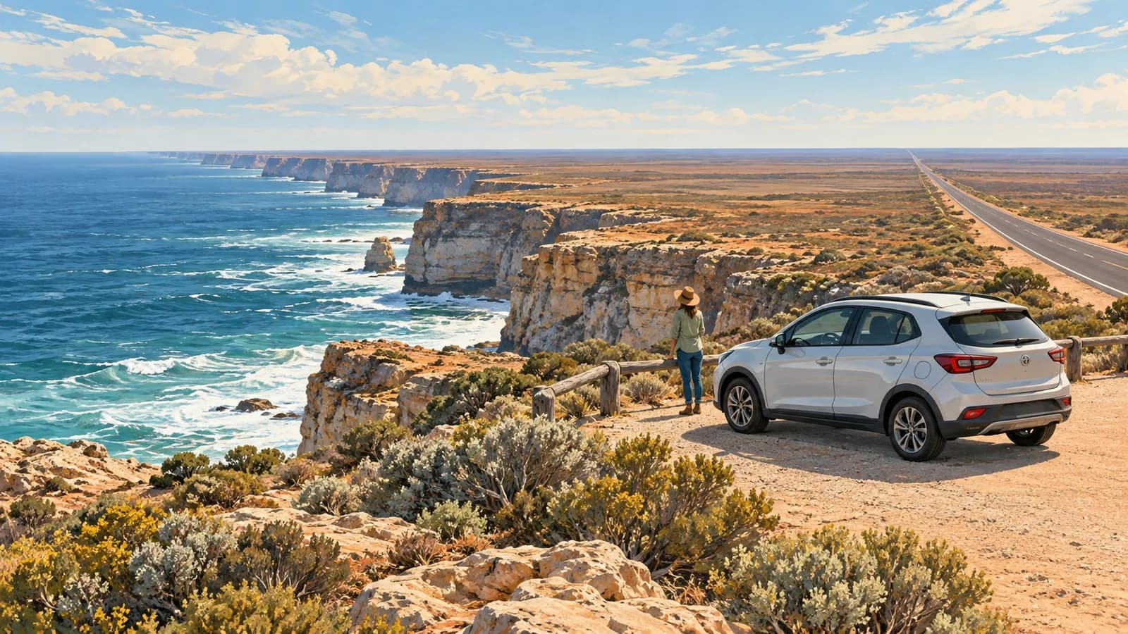 Adelaide to Perth drive across the Nullarbor illustration showing a parked car beside a long coastal highway and limestone cliffs.