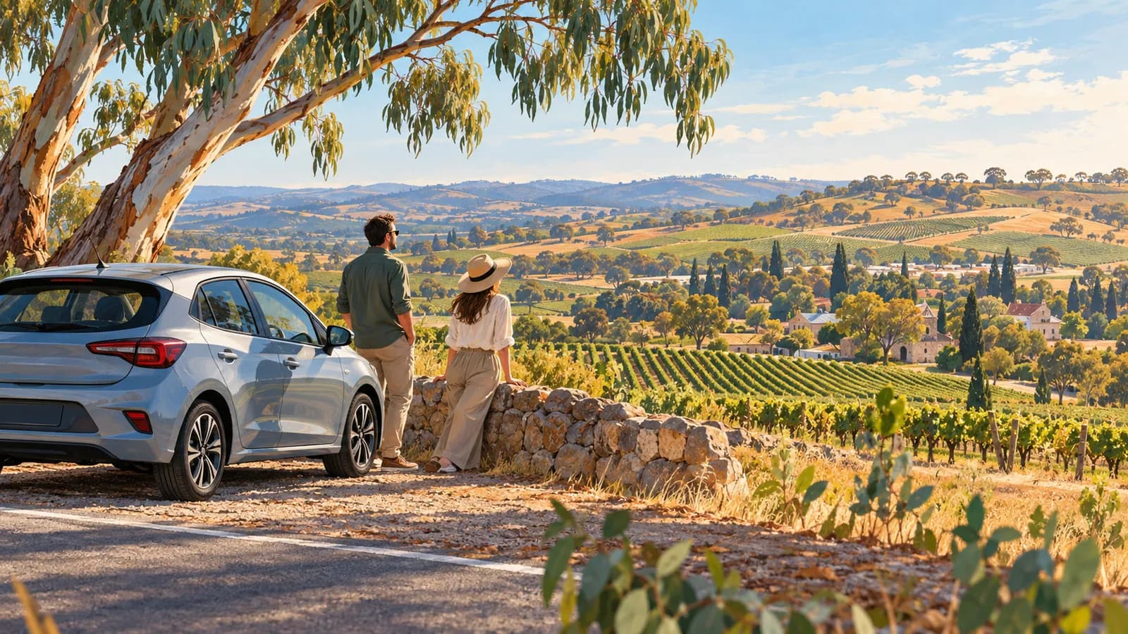 Barossa Valley day trip from Adelaide by car illustration showing a parked car overlooking vineyards and rolling hills.