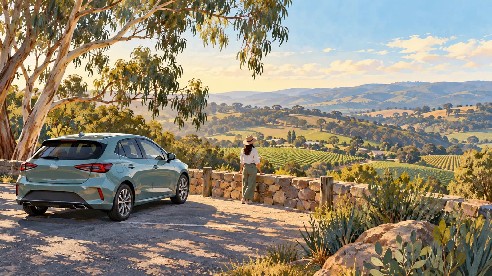 Day trips from Adelaide by car illustration showing a traveller beside a parked car overlooking vineyard rows and rolling hills.
