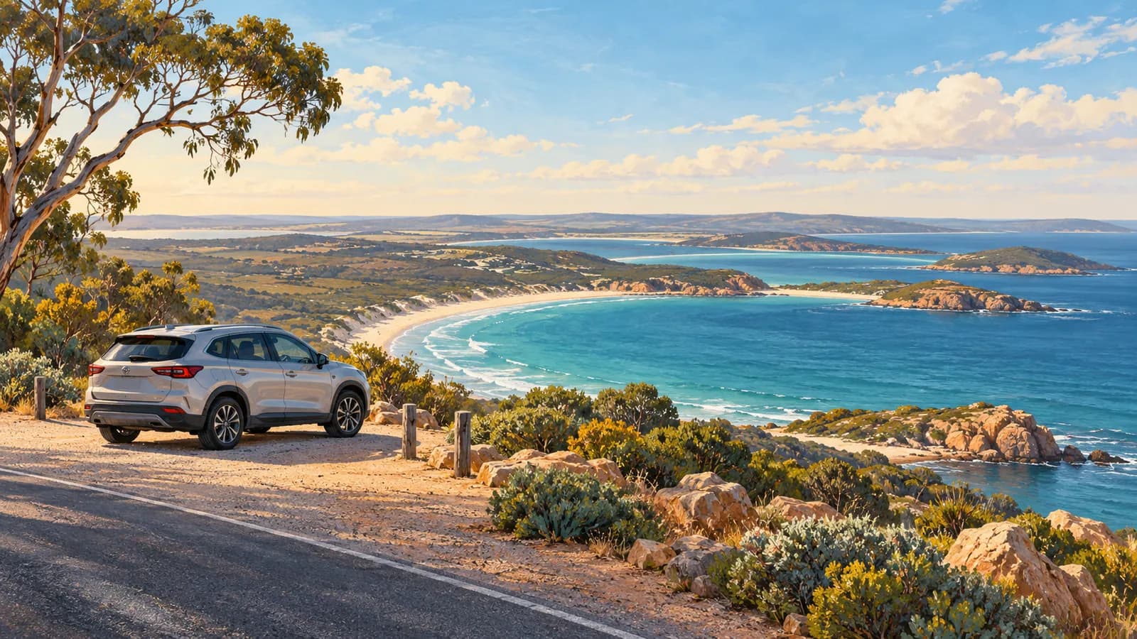 Adelaide to Port Lincoln drive and Eyre Peninsula road trip illustration showing a parked car above a curved bay.