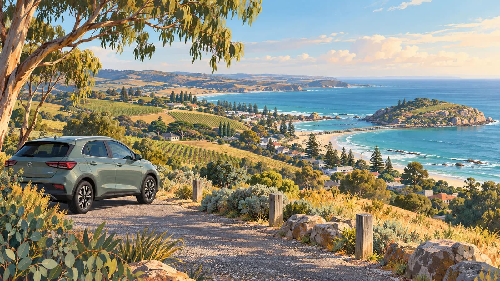 Fleurieu Peninsula Drive illustration showing a parked car overlooking coastal hills, a beach and clear water.
