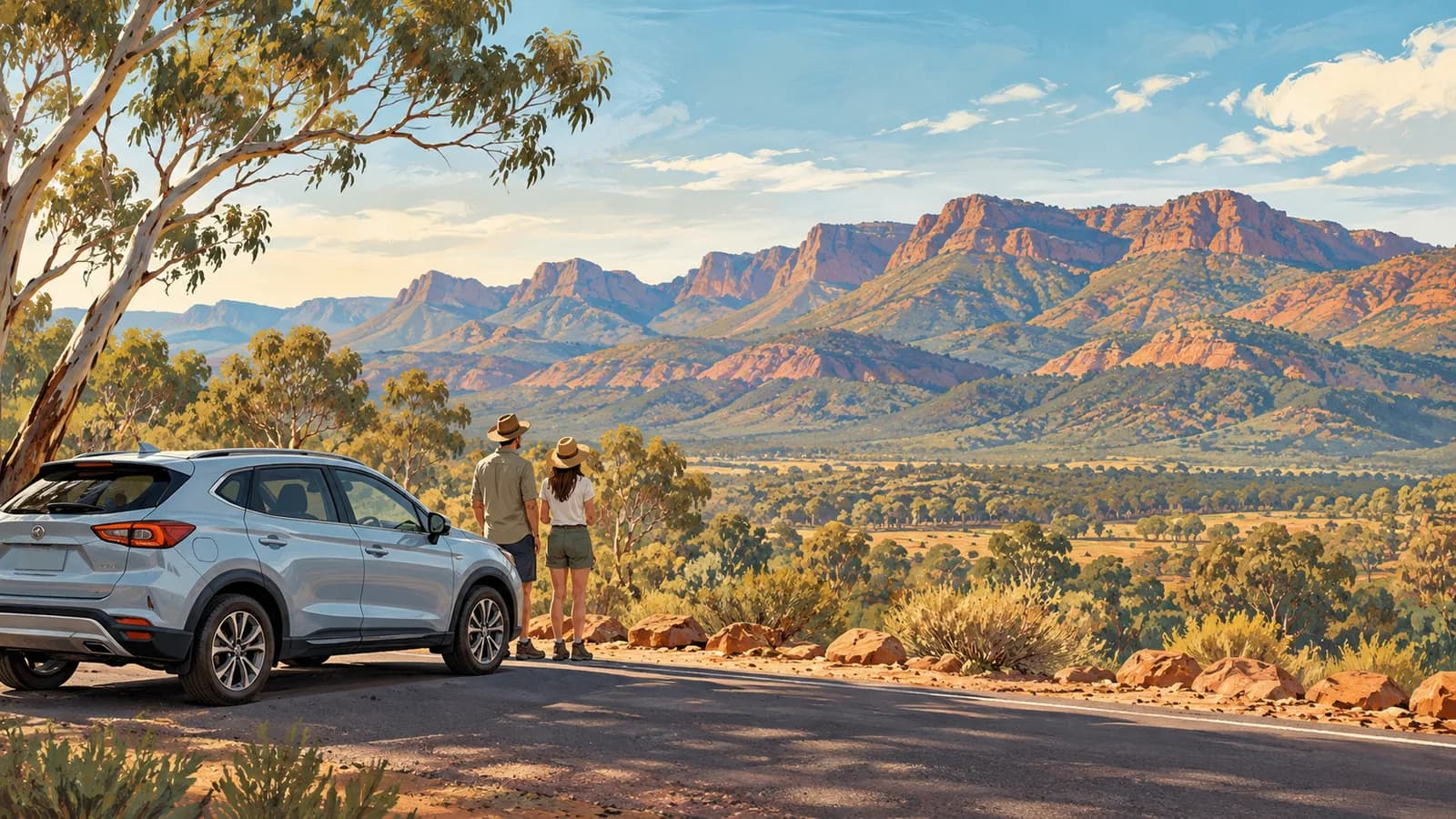 Flinders Ranges 2WD hire car illustration showing a parked car on a roadside below red ranges and dry scrub.