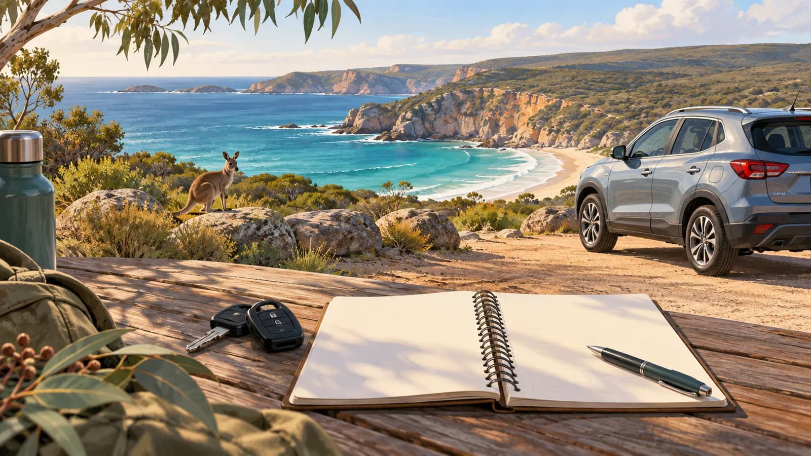 Kangaroo Island driving guide illustration showing a parked car, a kangaroo and blank trip-planning papers beside a coastal bay.