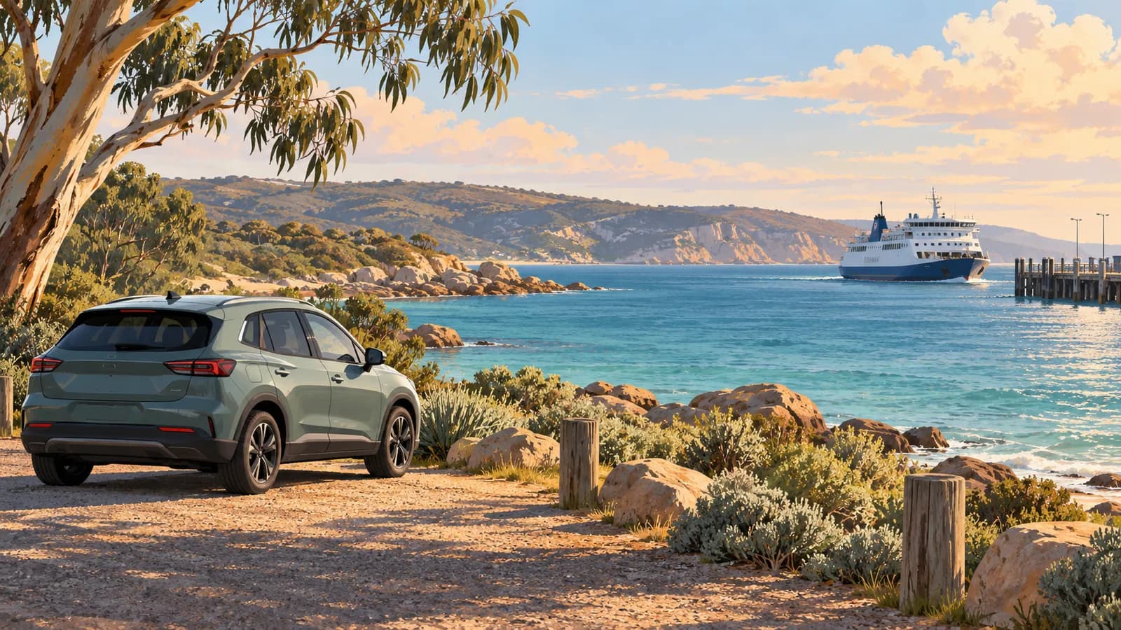 Kangaroo Island hire car ferry rules illustration showing a parked car by the coast and a ferry beside the pier.