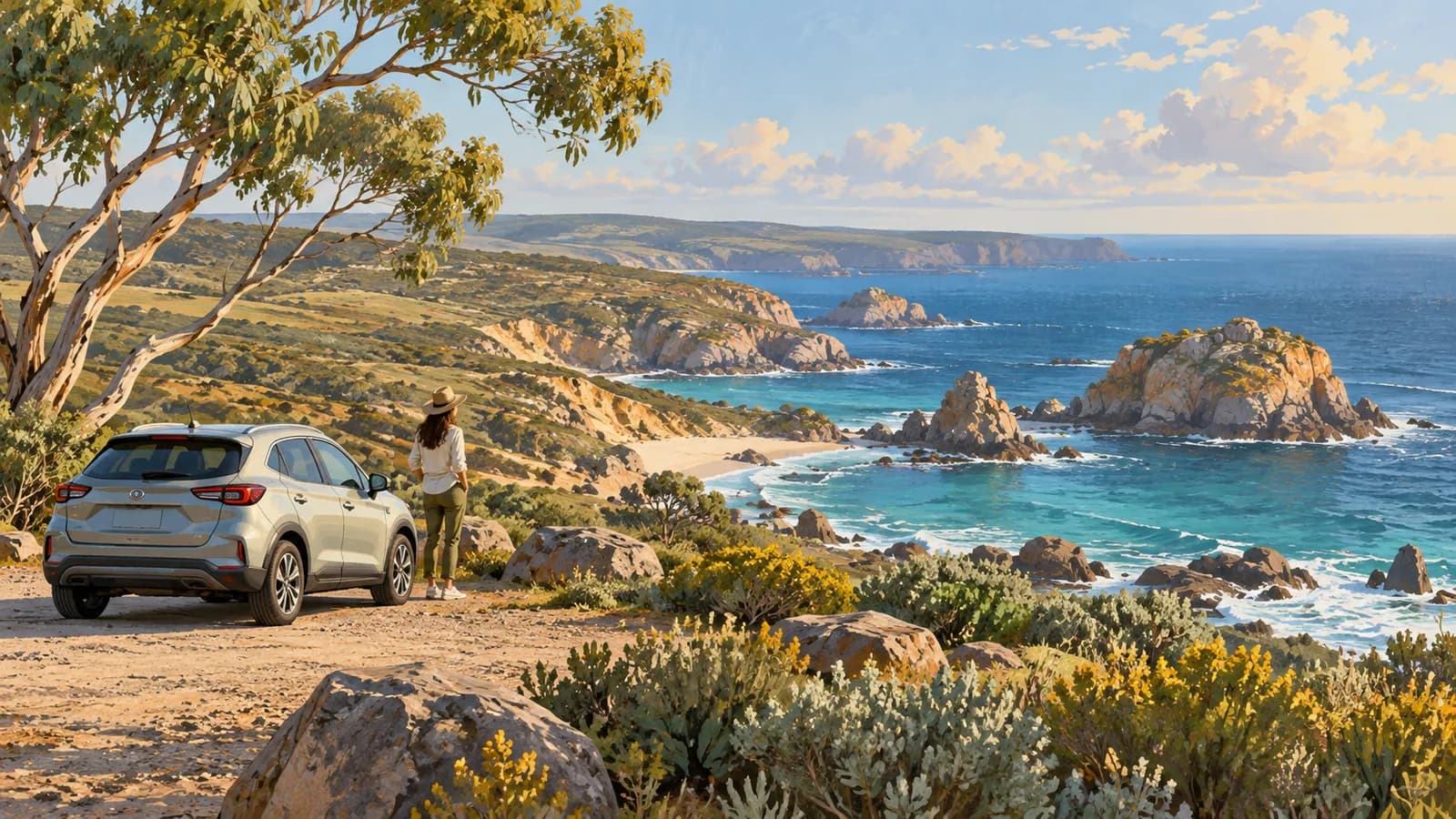 Kangaroo Island self-drive itinerary illustration showing a traveller beside a parked car at a rocky coastal lookout.