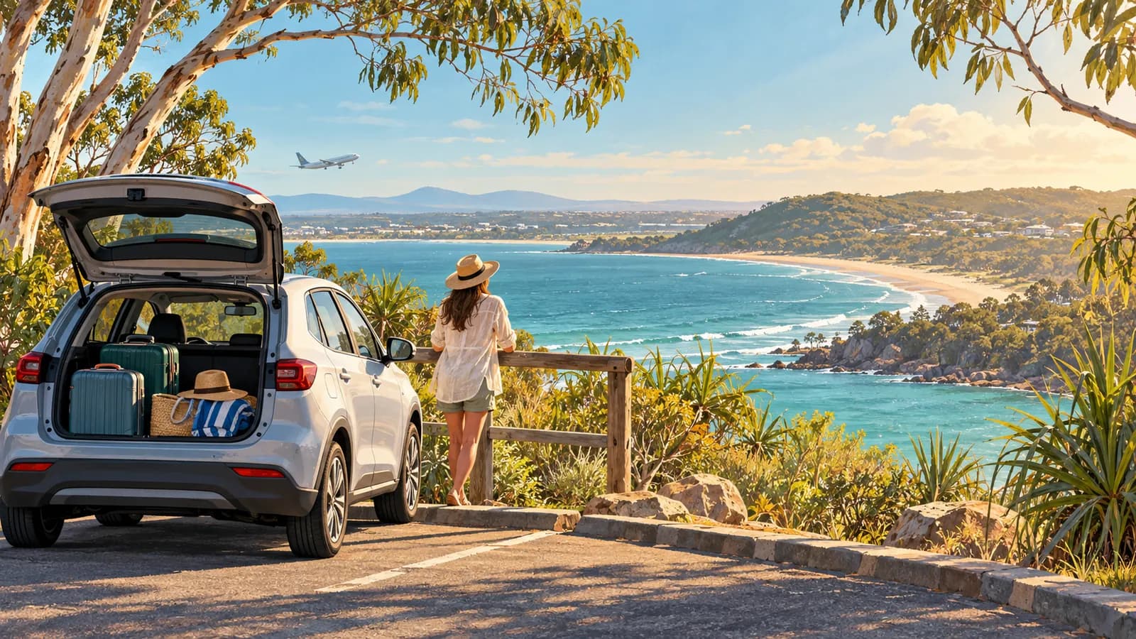 Sunshine Coast Airport and Noosa car hire illustration showing a parked car above a bay with a passenger plane overhead.