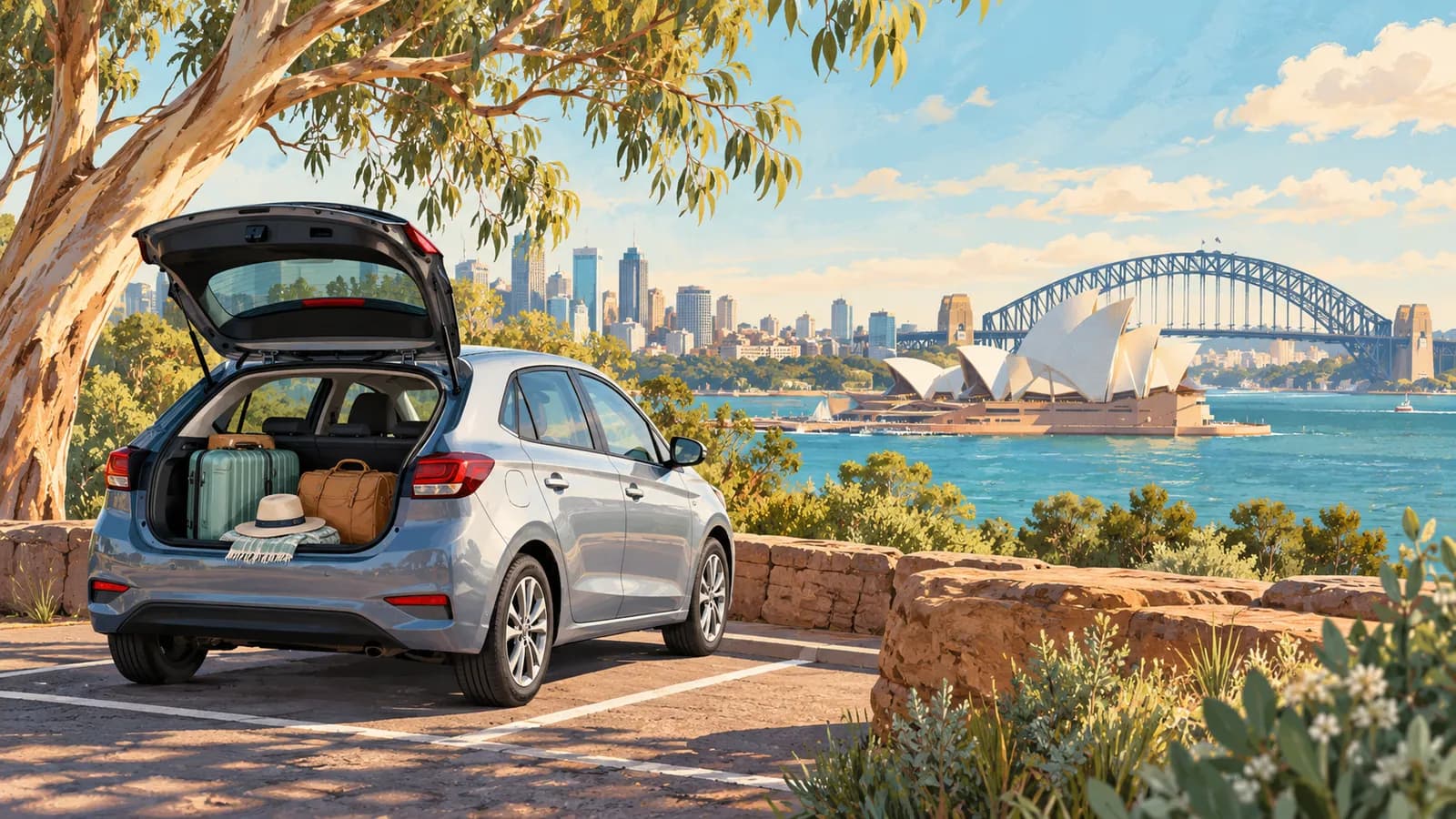 Sydney Airport car hire illustration showing a luggage-filled car beside Sydney Harbour, with the Harbour Bridge and Opera House beyond.