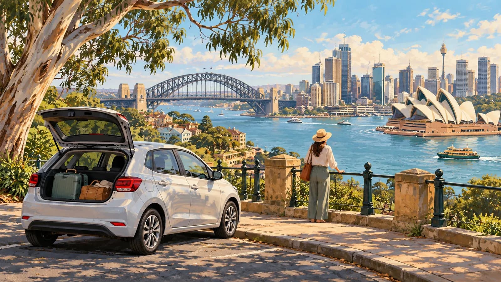 Car hire in Sydney illustration showing a traveller beside a car overlooking Sydney Harbour Bridge and the Opera House.