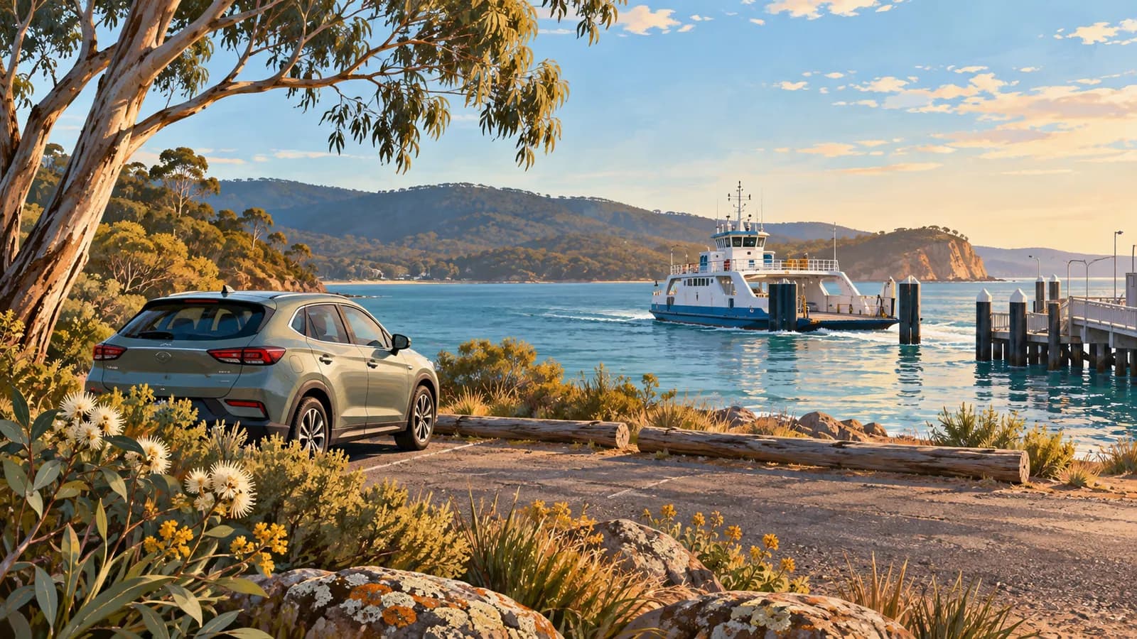 Can you take a hire car to Bruny Island illustration showing a parked car on shore beside the island ferry.