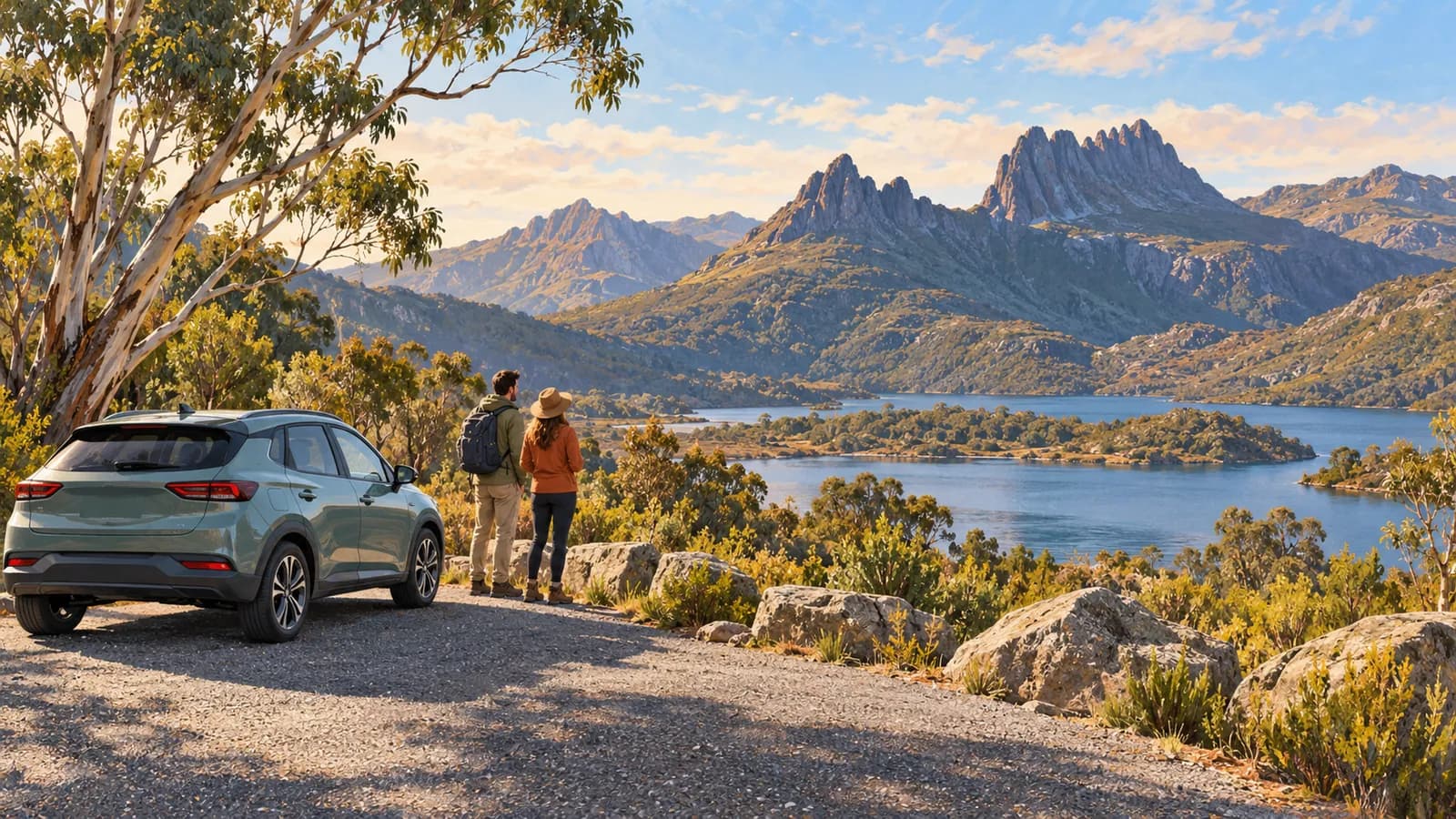 Cradle Mountain by car illustration showing travellers beside a parked car above an alpine lake with jagged mountain peaks.