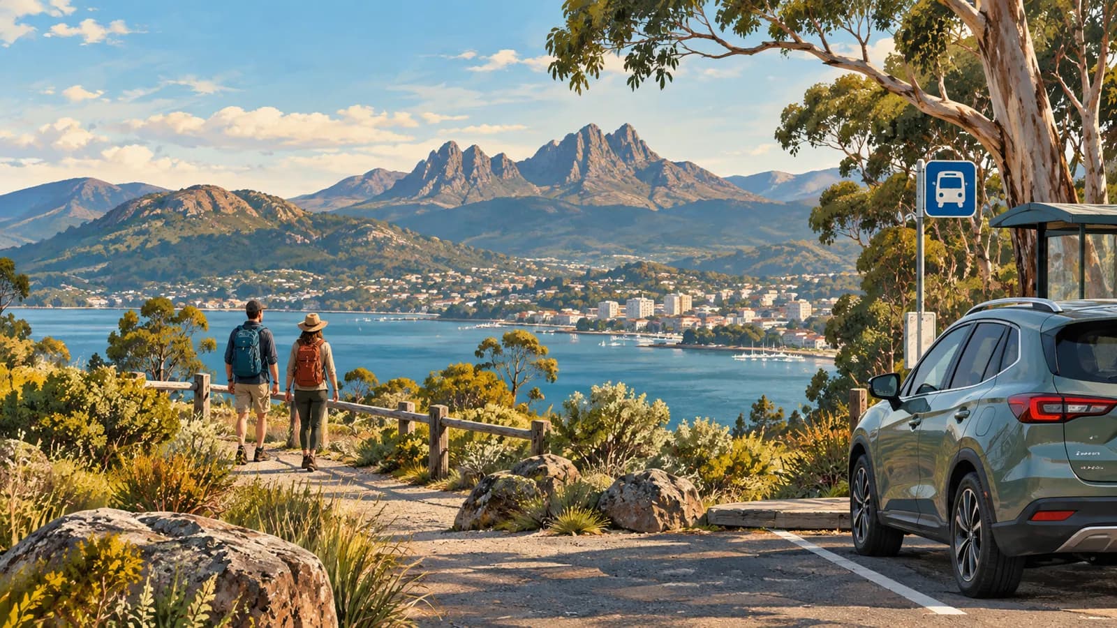 Do you need a car in Tasmania illustration showing a parked car beside hikers, a walking trail and a bus stop sign.