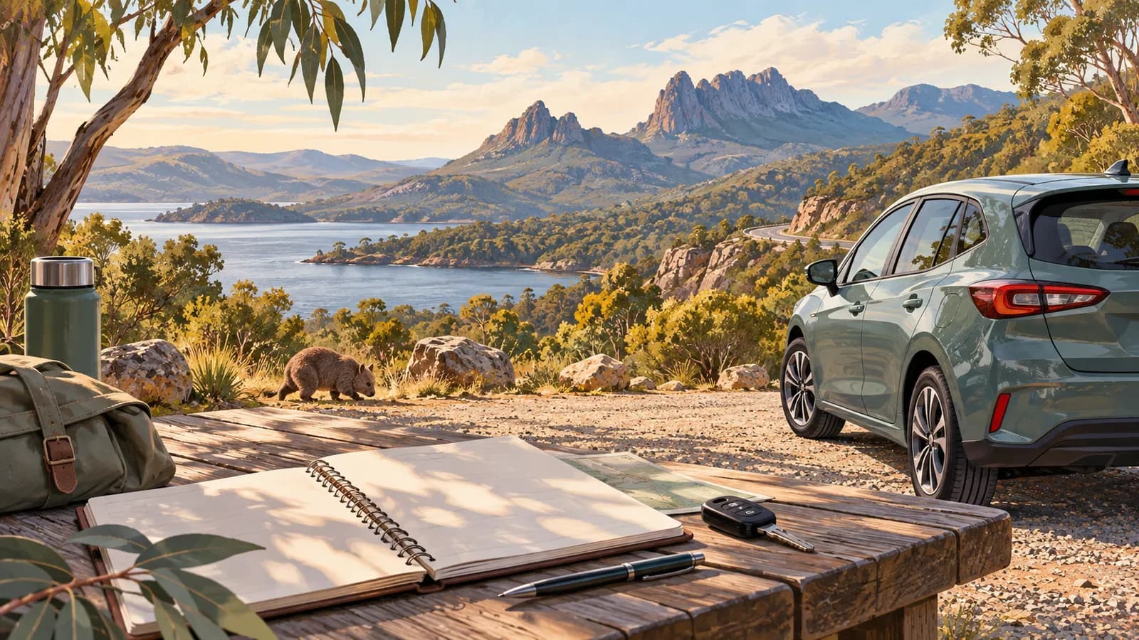 Driving in Tasmania illustration showing trip-planning papers and a car key beside a parked car, with a wombat nearby.