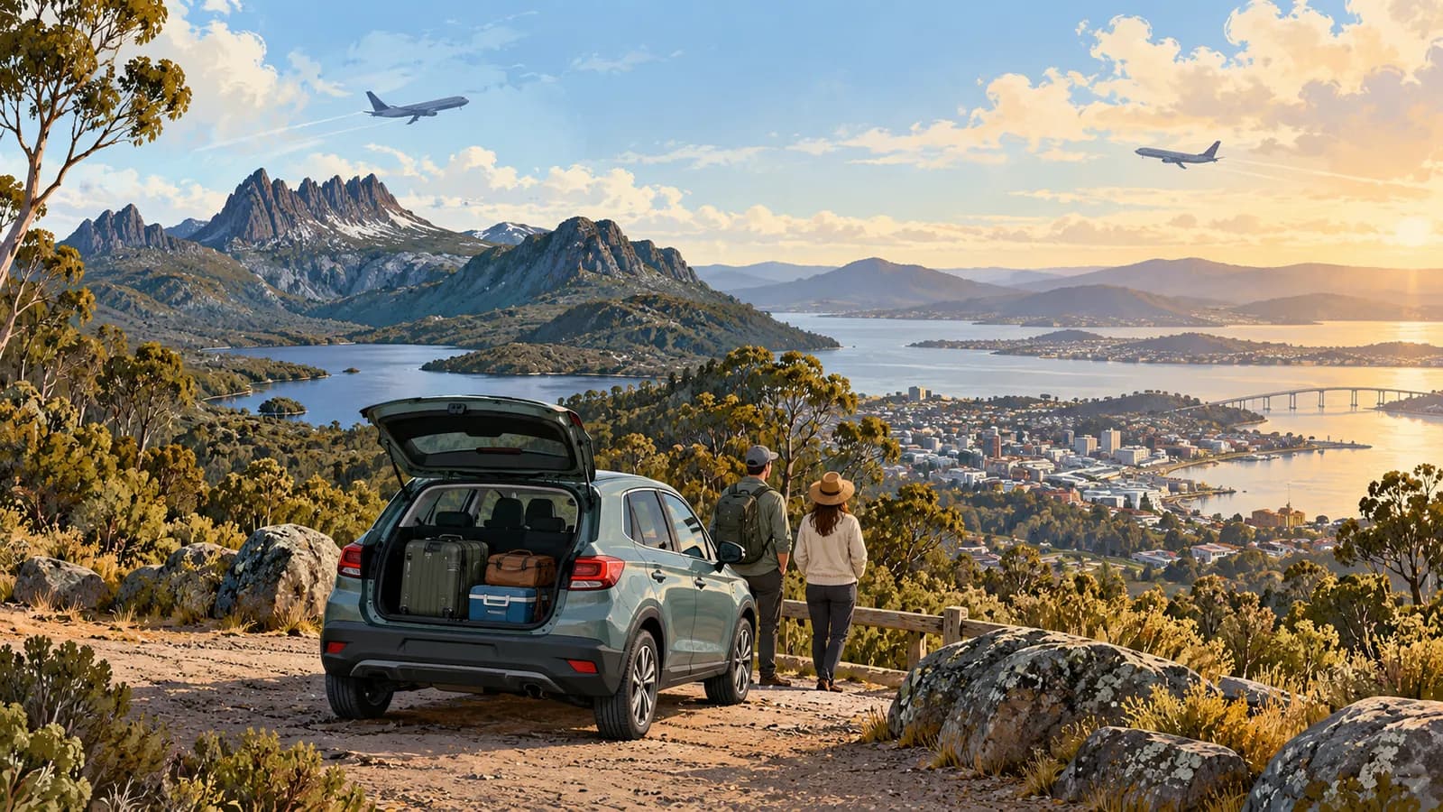 Fly into Hobart or Launceston illustration showing travellers with luggage beside a car, with two airplanes above a city and mountain bay.