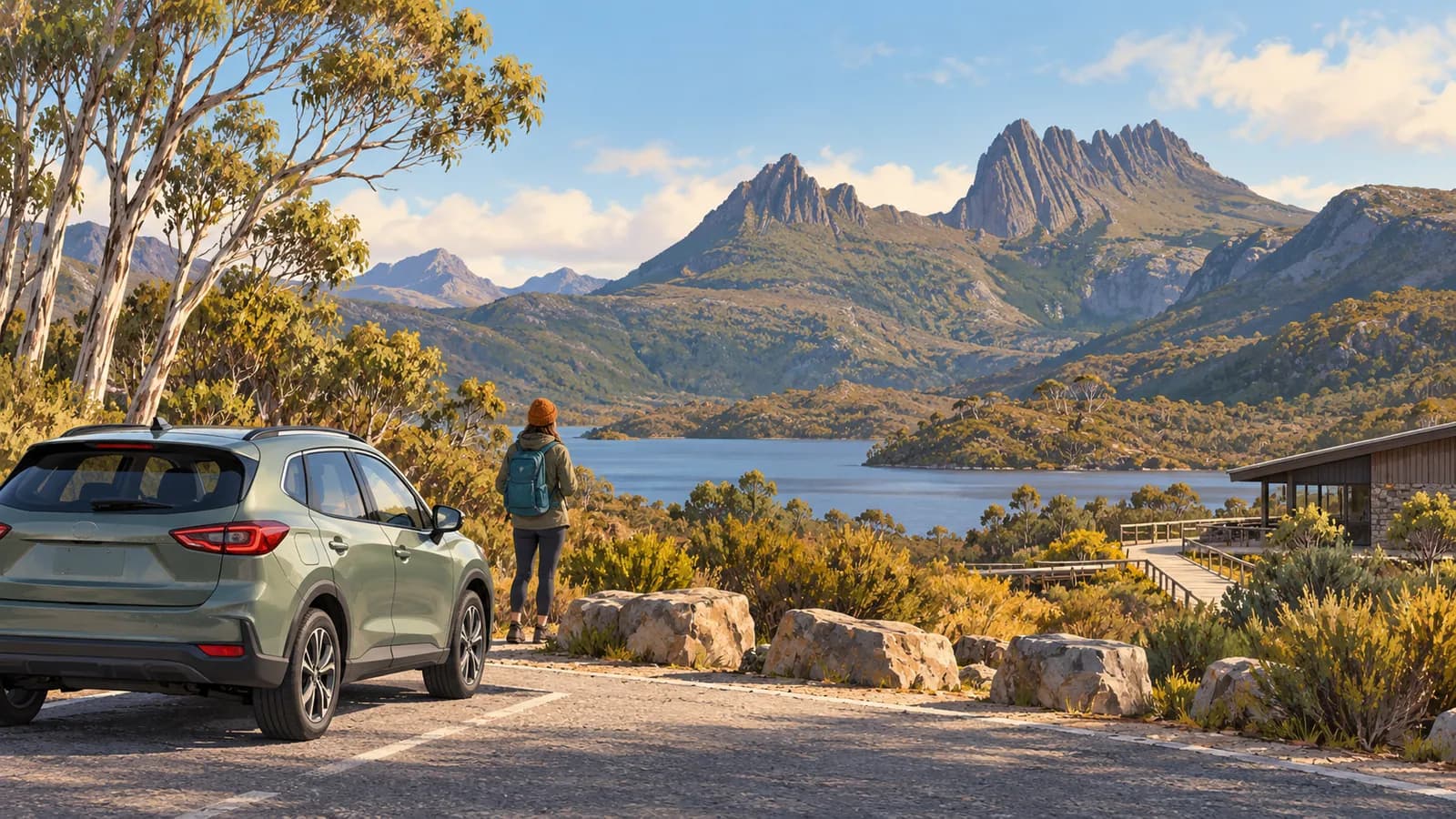 Hobart to Cradle Mountain drive illustration showing a parked car and hiker beside a lake beneath jagged mountains.