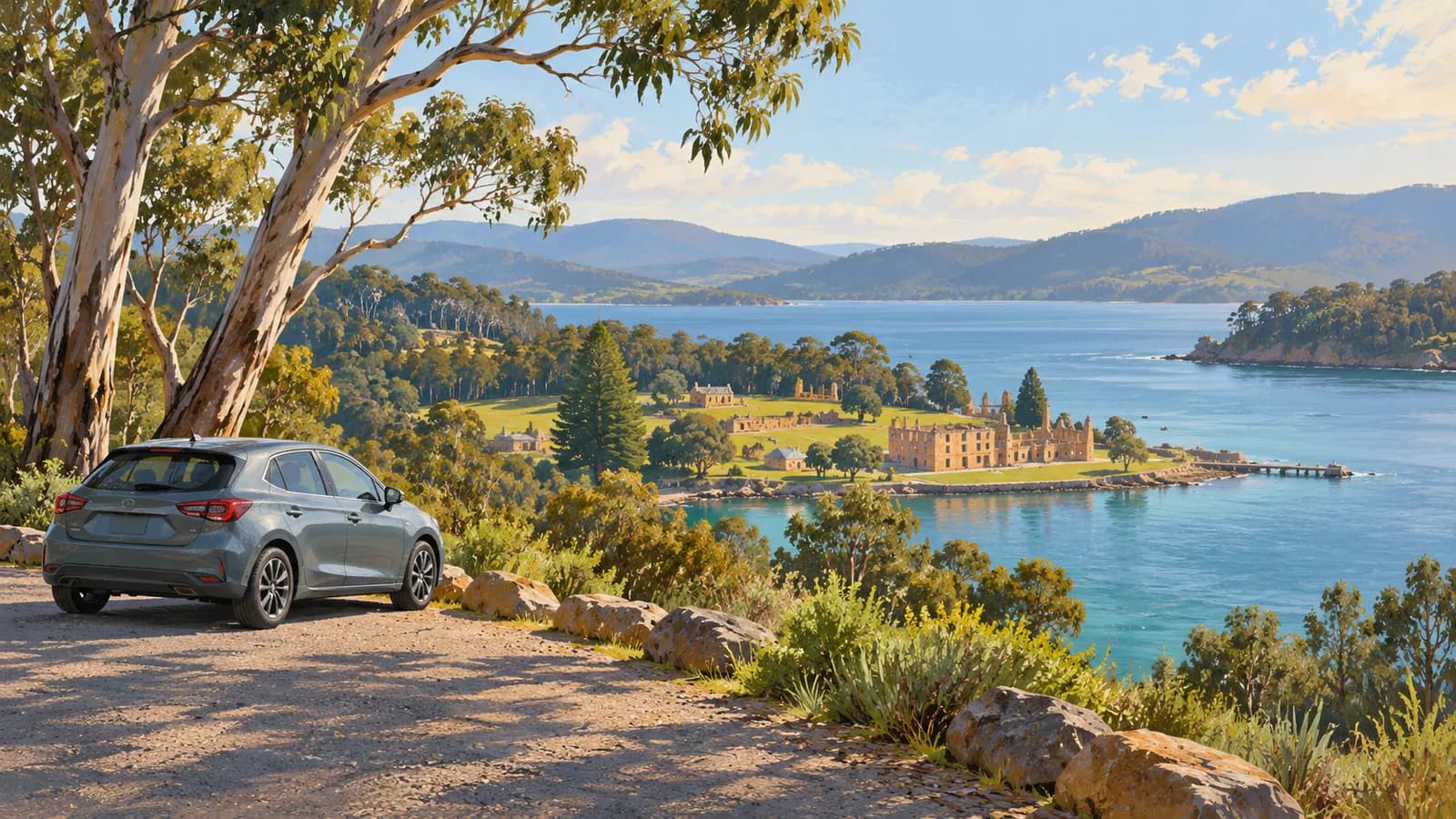 Hobart to Port Arthur drive illustration showing a parked car overlooking a wooded bay and distant buildings.
