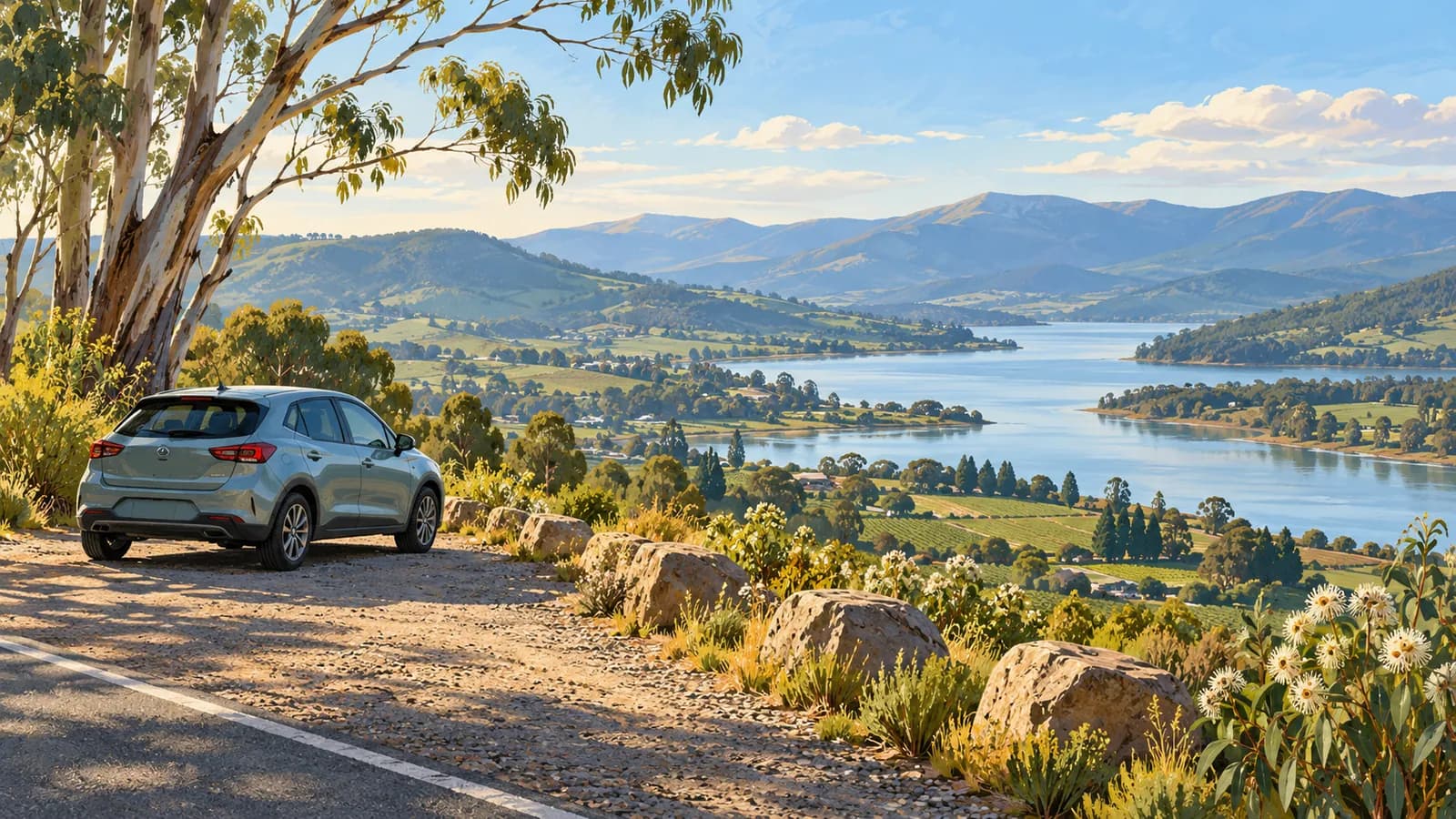 Huon Valley drive illustration showing a parked car above a broad river valley with farmland and wooded hills.
