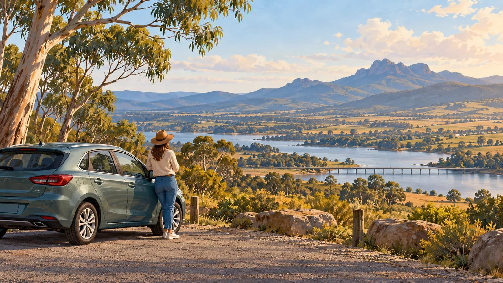 Launceston to Hobart drive illustration showing a parked car overlooking green hills, a lake and a low bridge.