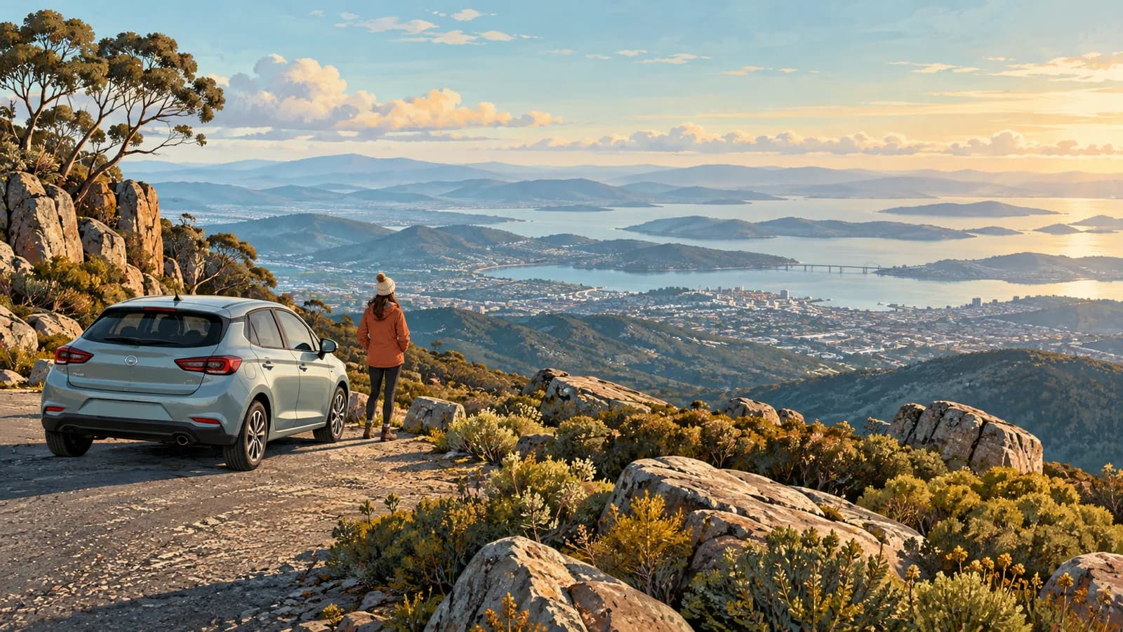 Can you drive up kunanyi / Mount Wellington illustration showing a parked car at a high lookout above Hobart and the harbour.