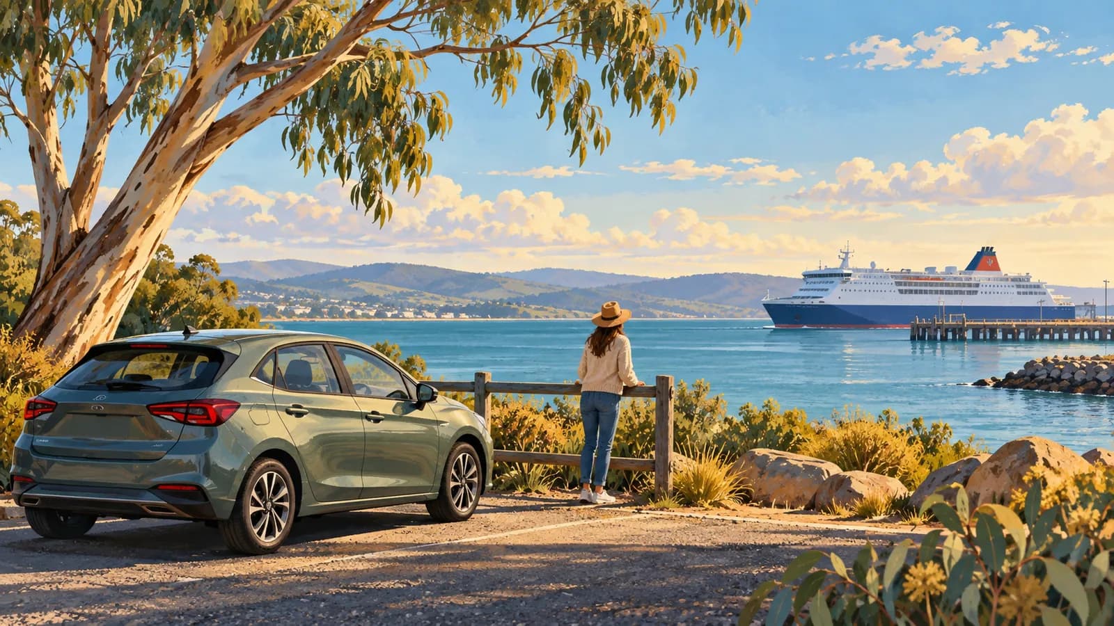 Spirit of Tasmania hire car illustration showing a traveller beside a parked car facing a passenger ferry at the waterfront.