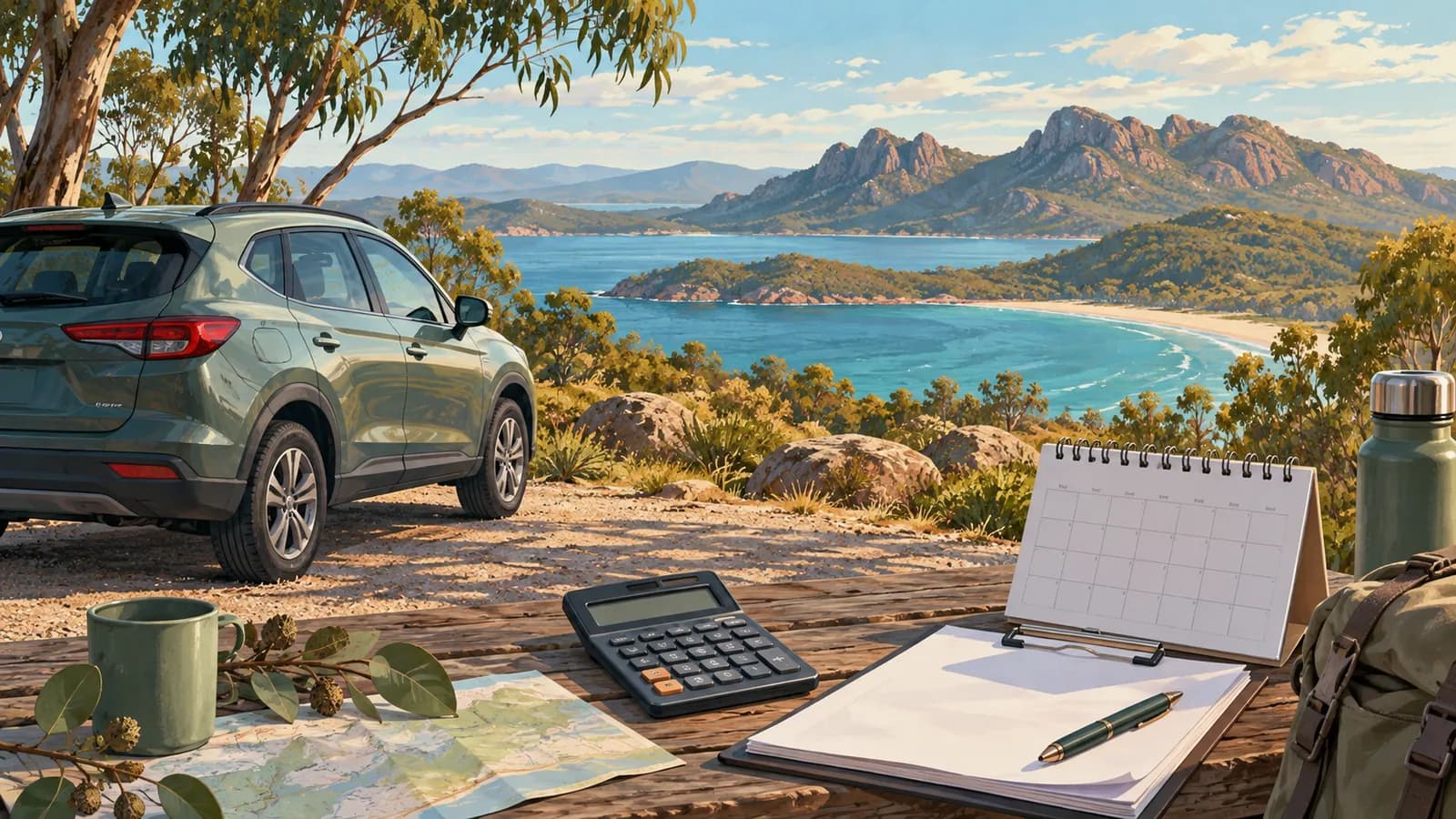 Tasmania car hire cost illustration showing a parked car beside a calculator, calendar and blank paperwork.