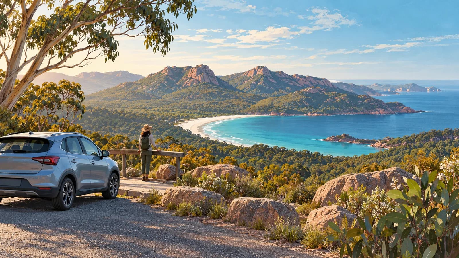 Tasmania east coast drive illustration showing a parked car and traveller overlooking a turquoise bay and forested coast.