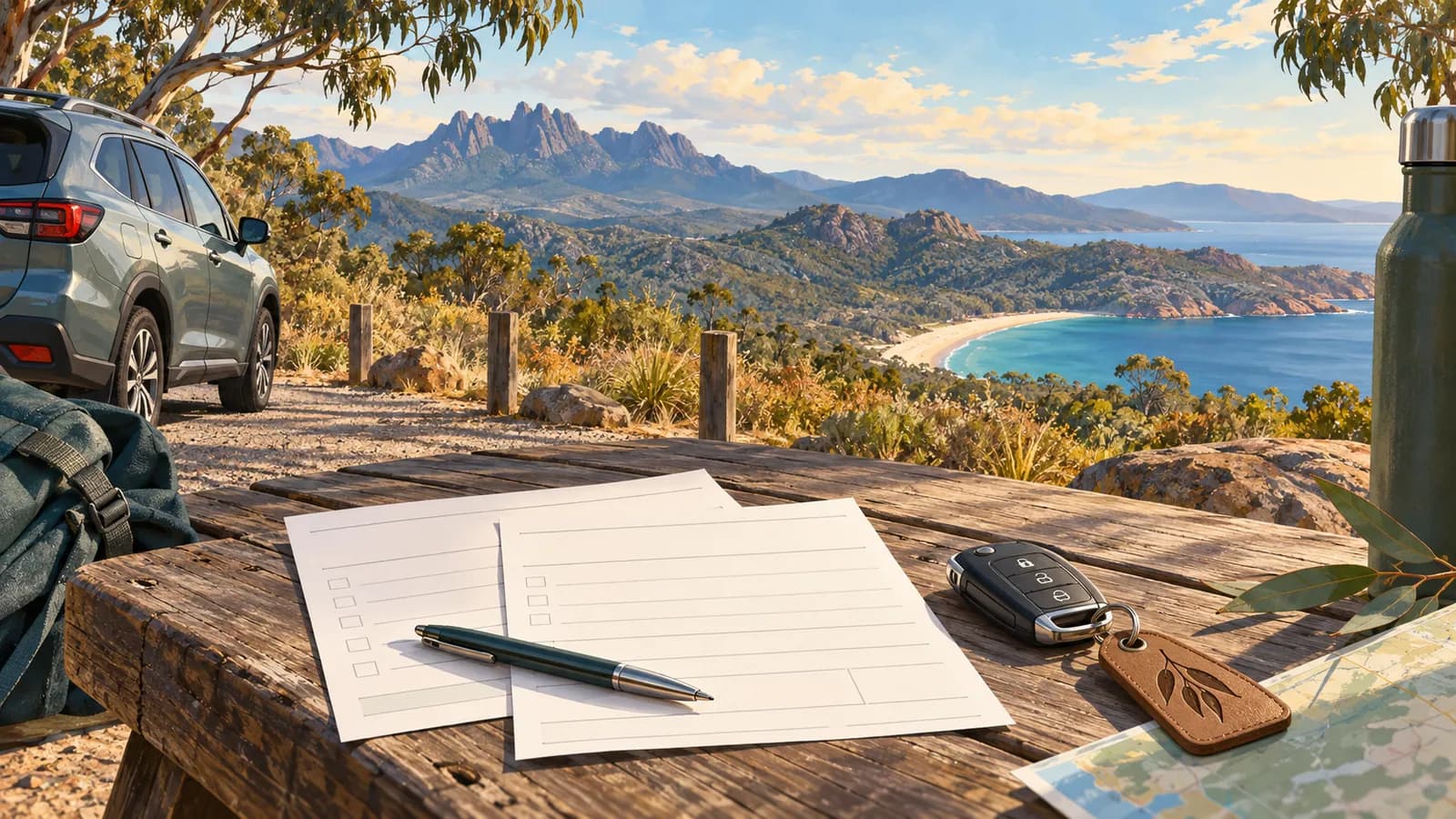Tasmania parks pass hire car illustration showing blank entry forms, a car key, pen and map beside a parked car and coastal bay.