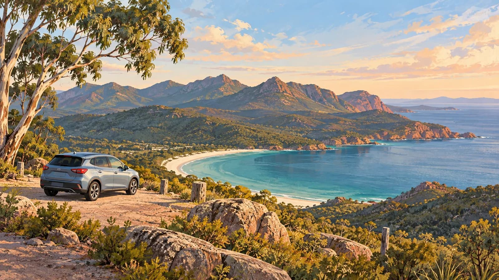 Tasmania road trip itinerary illustration showing a parked car at a coastal lookout above a bay and mountain ridge.