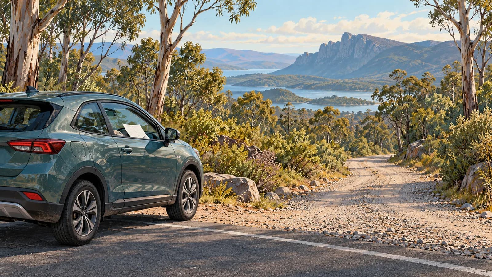 Tasmania unsealed roads in a hire car illustration showing a parked car on pavement beside a gravel turnoff and a plain sheet of paper.