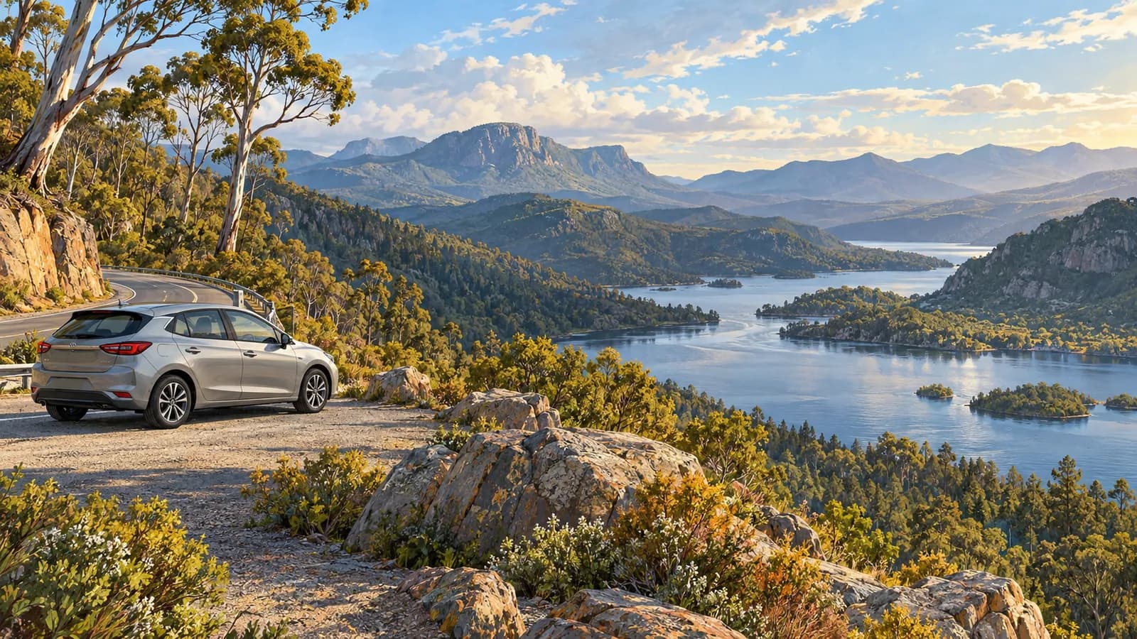 Tasmania west coast drive illustration showing a parked car above a wide lake with forested hills and mountain peaks.