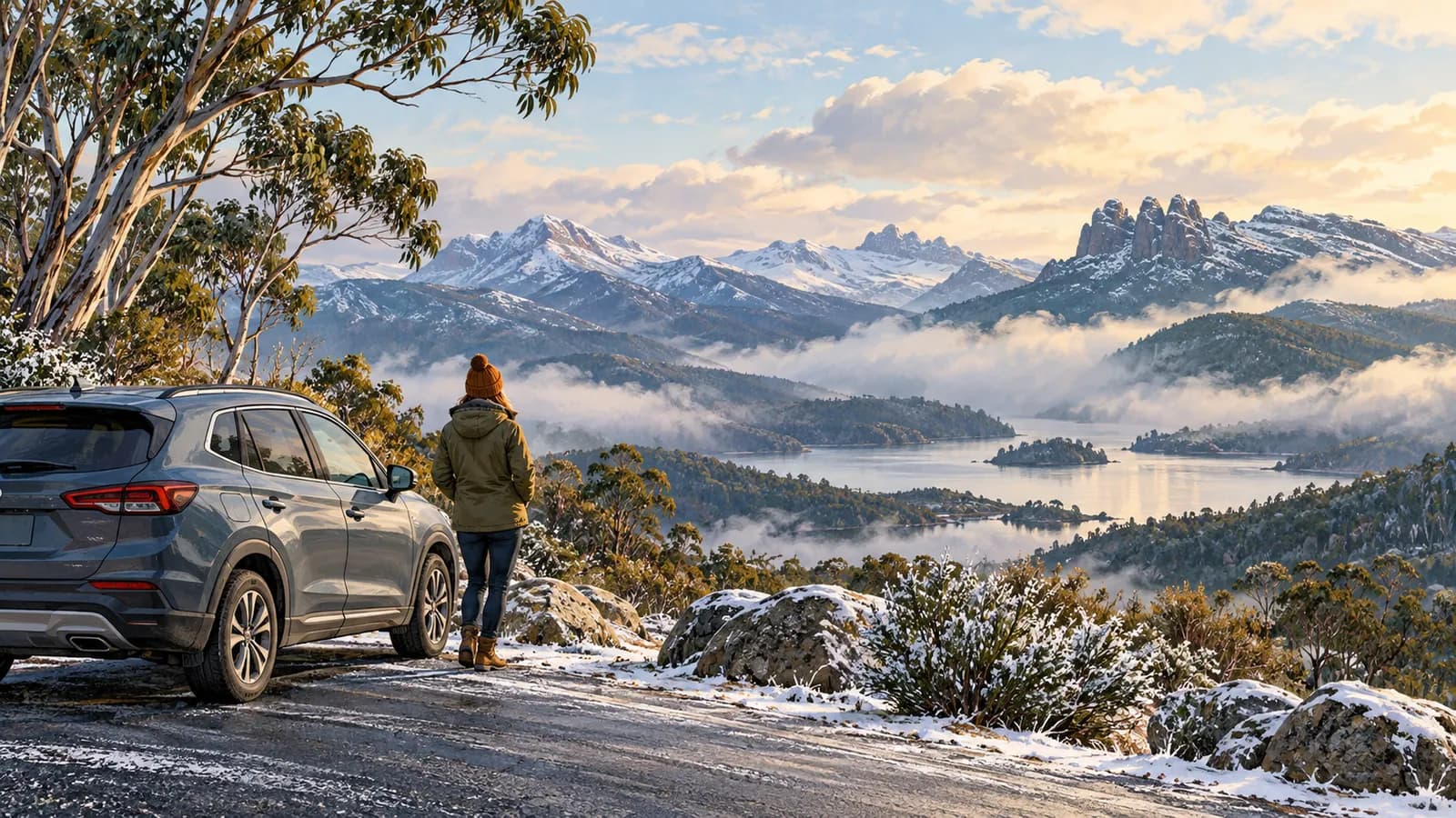 Tasmania winter driving illustration showing a parked car beside a snowy roadside, lake and alpine peaks.