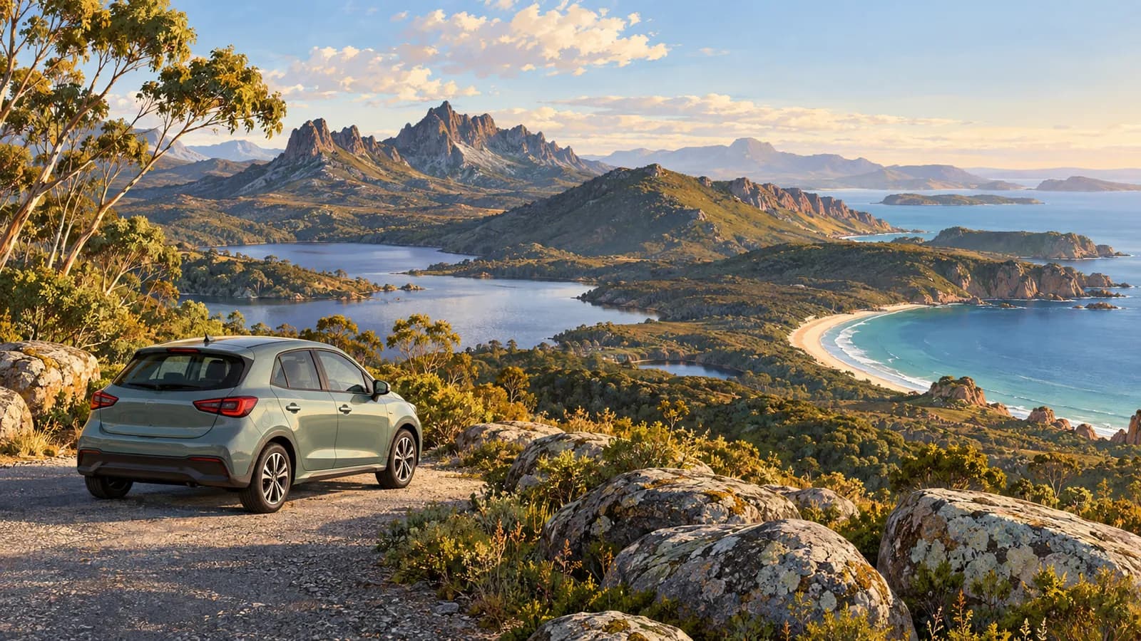 Car hire in Tasmania illustration showing a compact car parked above a rugged bay, mountain peaks and blue coastline.