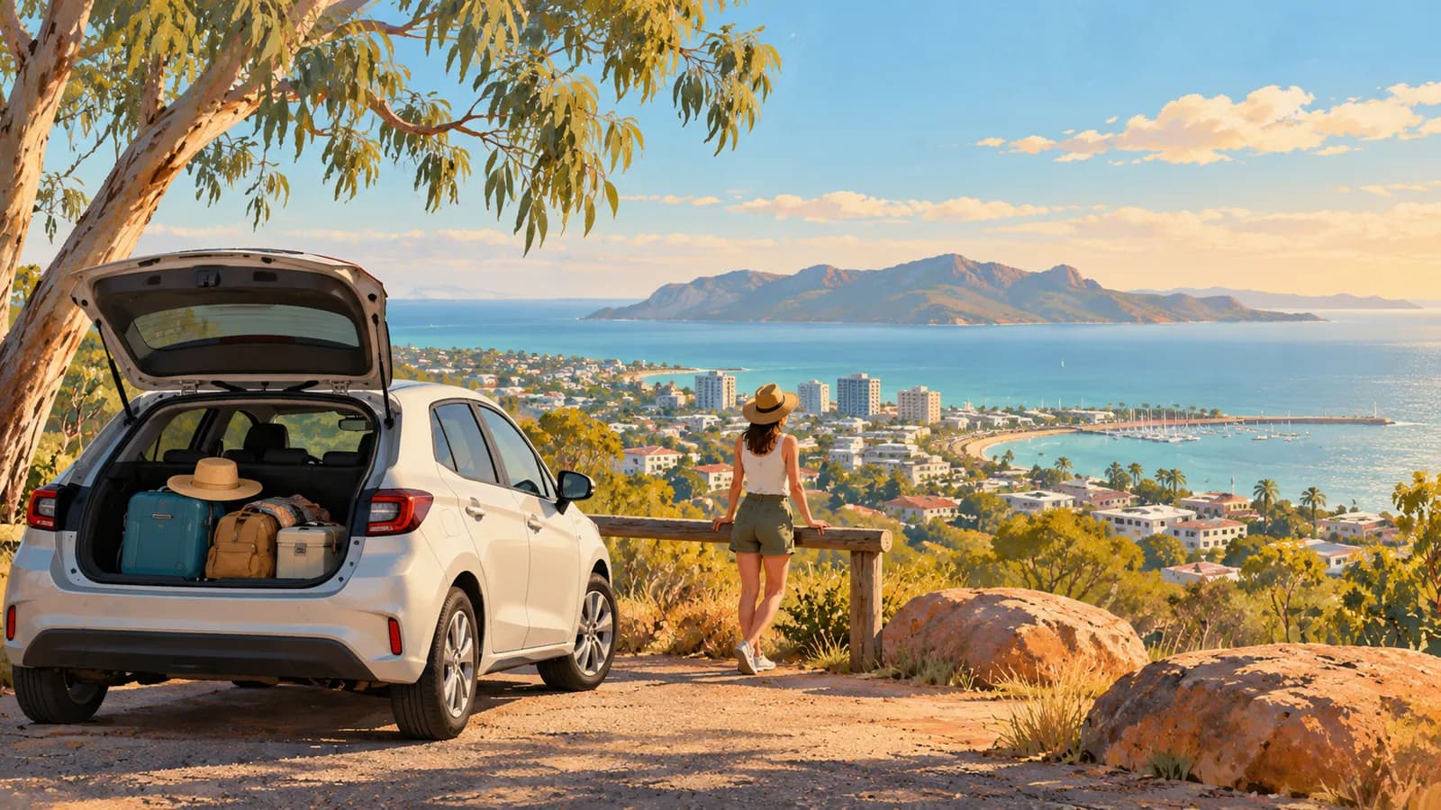 Townsville car hire illustration showing a parked car at a coastal lookout facing a mountainous island across the bay.
