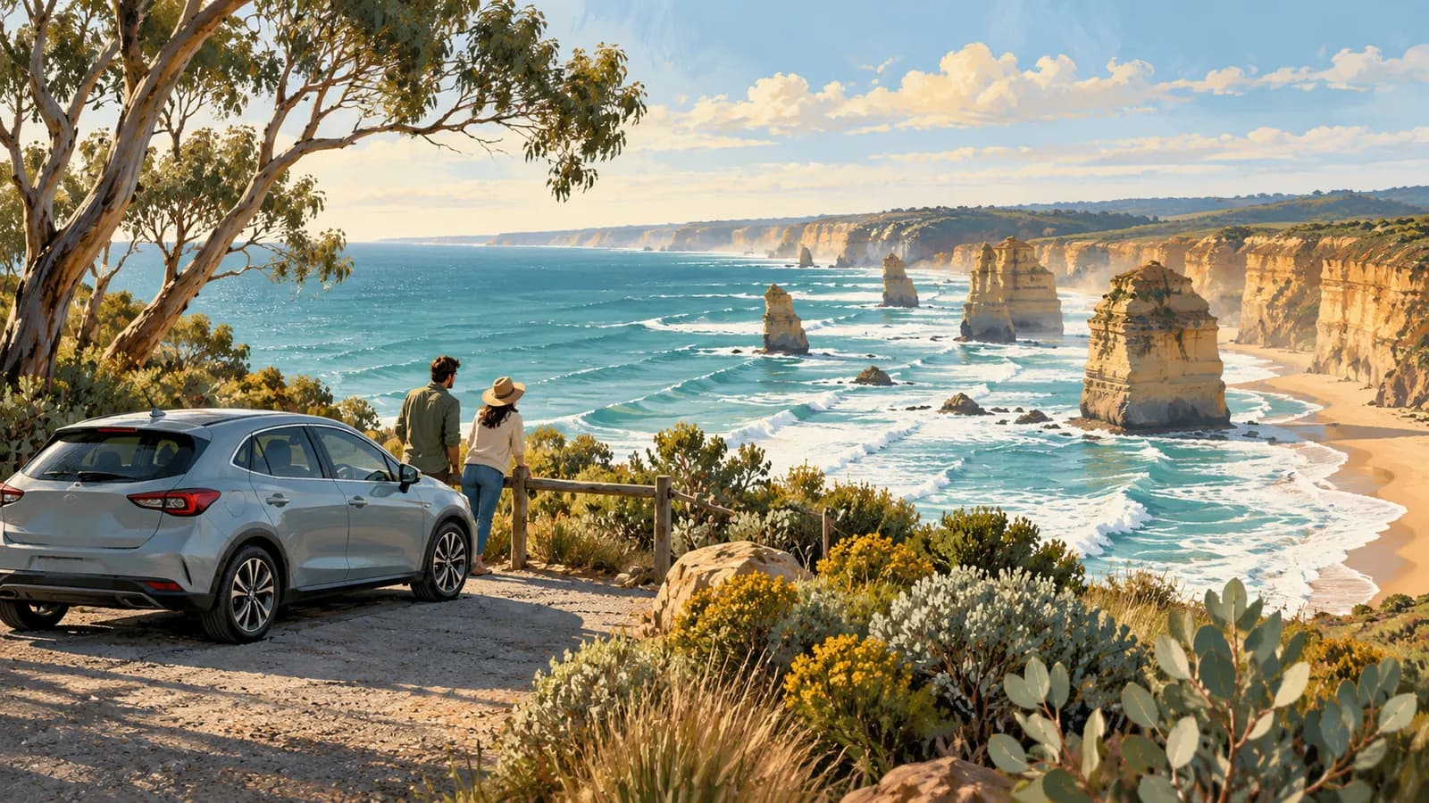 Day trips from Melbourne by car illustration showing a parked car and two visitors at a coastal lookout above limestone sea stacks.