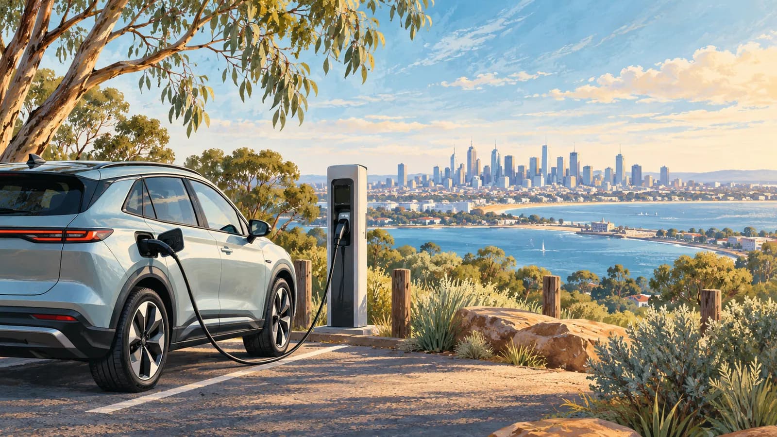 Electric car hire in Melbourne illustration showing an electric SUV connected to a charging post beside the bay and city skyline.