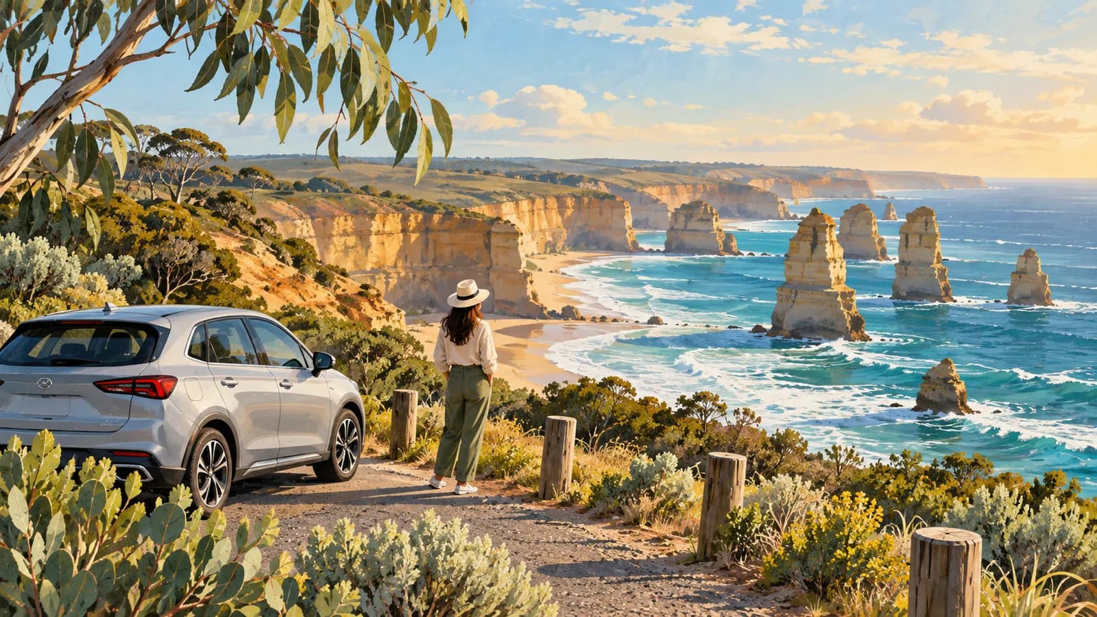 Great Ocean Road self drive from Melbourne illustration showing a parked car overlooking coastal cliffs and sea stacks.