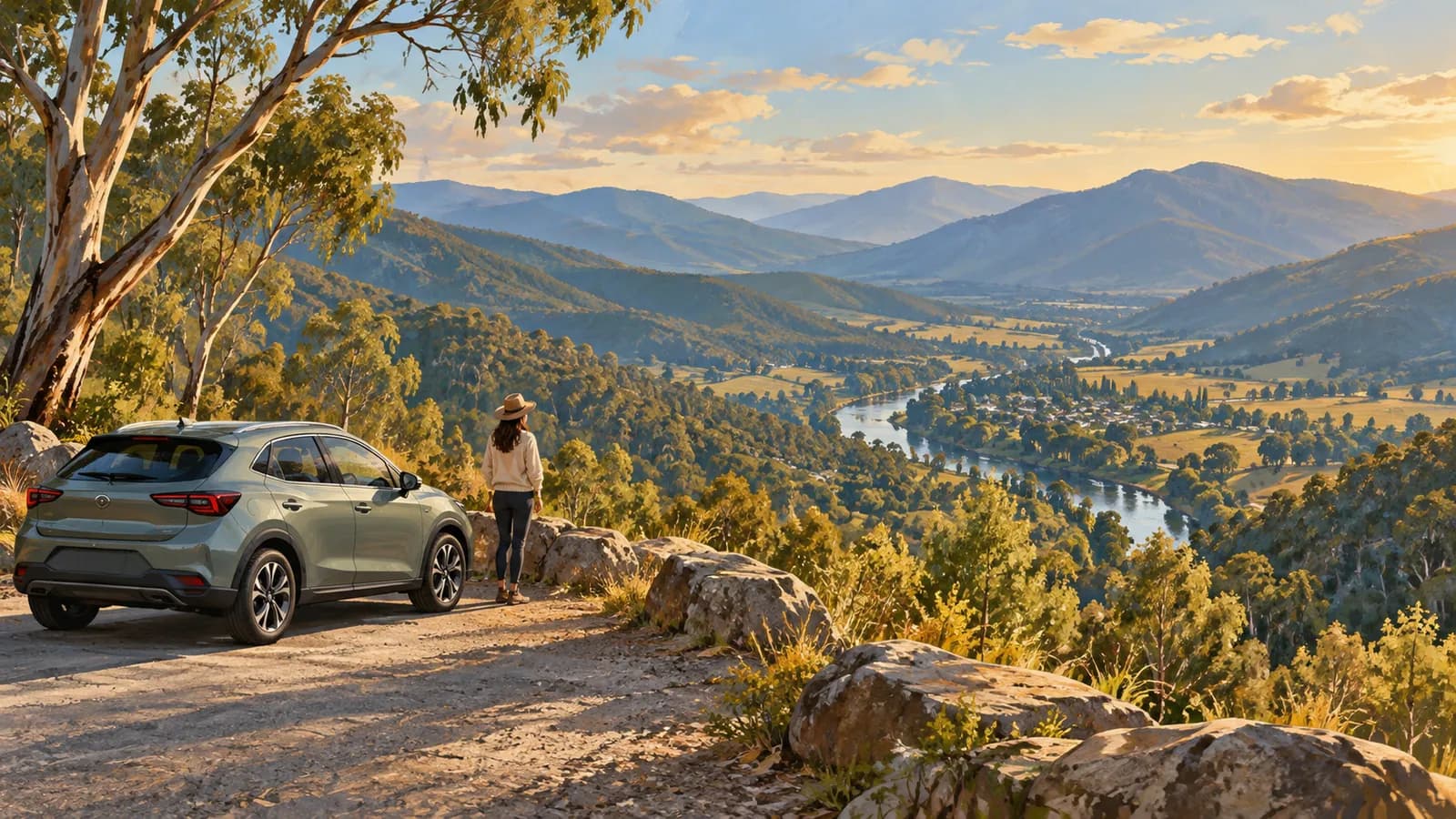 Melbourne to Bright drive illustration showing a parked touring car and traveller overlooking a river valley and blue mountain ranges.