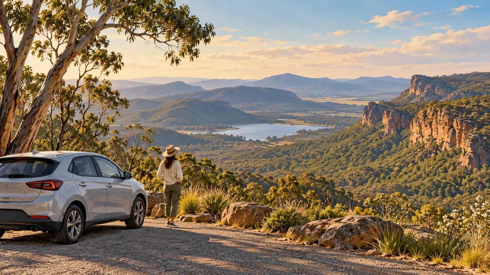 Melbourne to Grampians drive illustration showing a traveller beside a parked car overlooking a wooded valley and red sandstone cliffs.