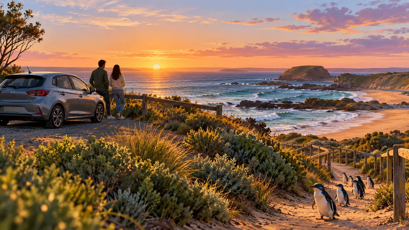 Melbourne to Phillip Island drive illustration showing a parked car, visitors and little penguins on a beach boardwalk at sunset.