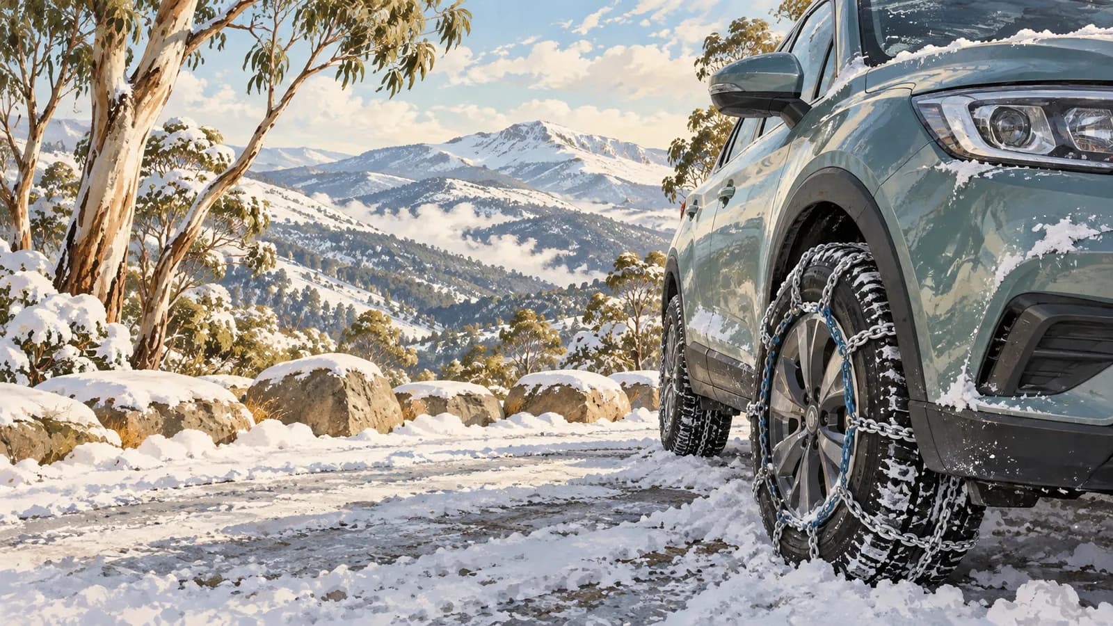 Melbourne to the snow drive illustration showing a stationary car tyre fitted with snow chains in a snowy alpine setting.