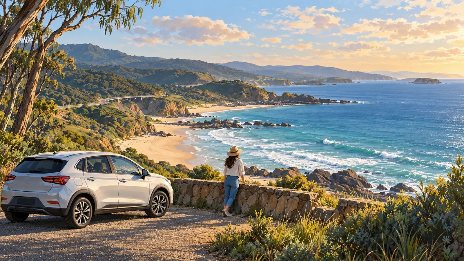 Melbourne to Sydney drive illustration showing a traveller beside a parked car at a coastal lookout above a sandy beach.