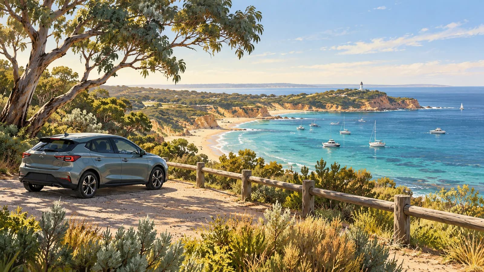 Mornington Peninsula self drive illustration showing a parked car above a bay with sailboats and a distant lighthouse.
