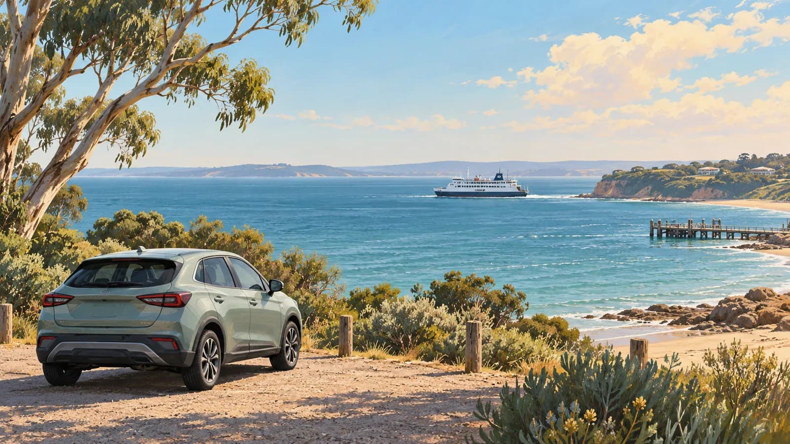 Queenscliff to Sorrento ferry with a hire car illustration showing a parked car on shore and a small passenger ferry across the bay.