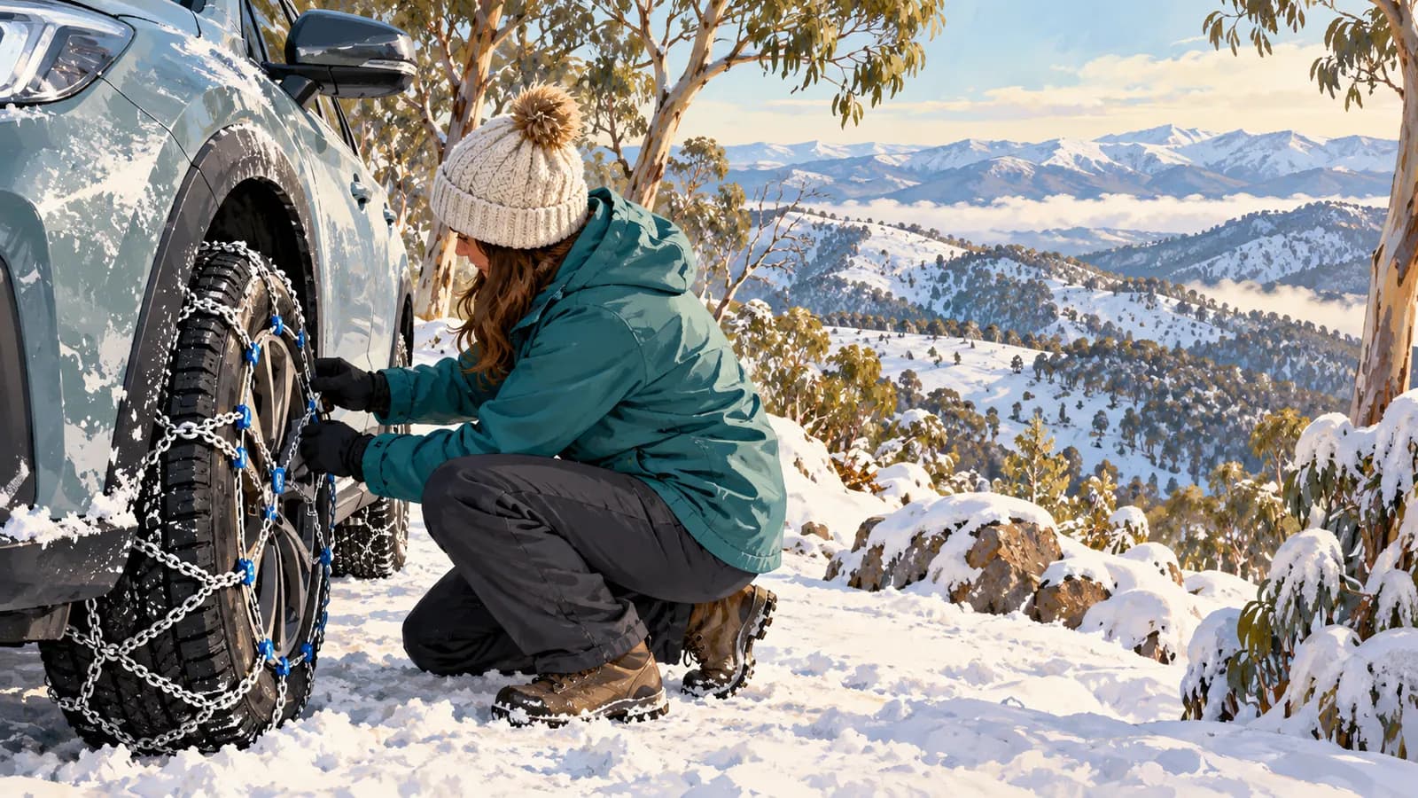 Snow chains and hire cars in Victoria illustration showing a traveller fitting chains to a parked car in a snowy alpine setting.