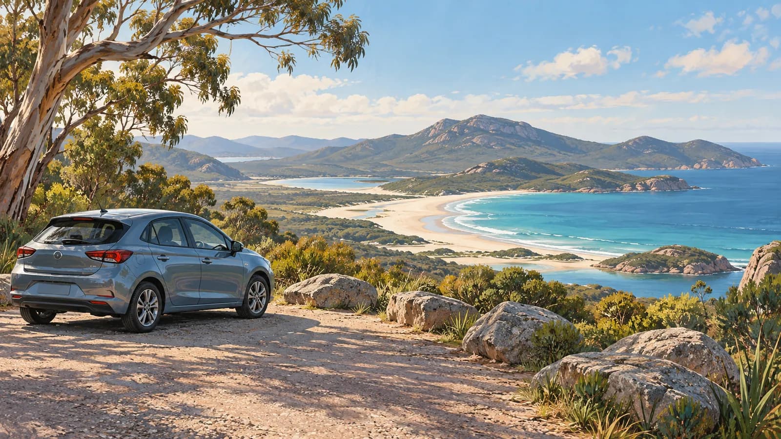Wilsons Promontory drive from Melbourne illustration showing a parked car above a white-sand bay, turquoise water and forested hills.