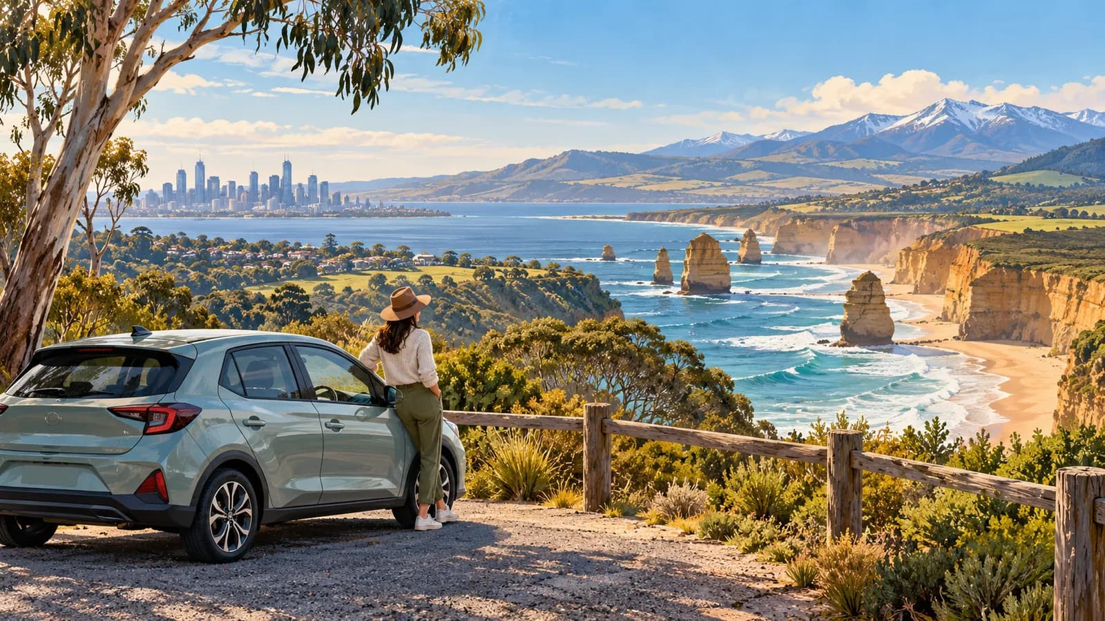Car hire and road trips in Victoria illustration showing a parked car overlooking sea stacks, coastal water and snowy mountains.